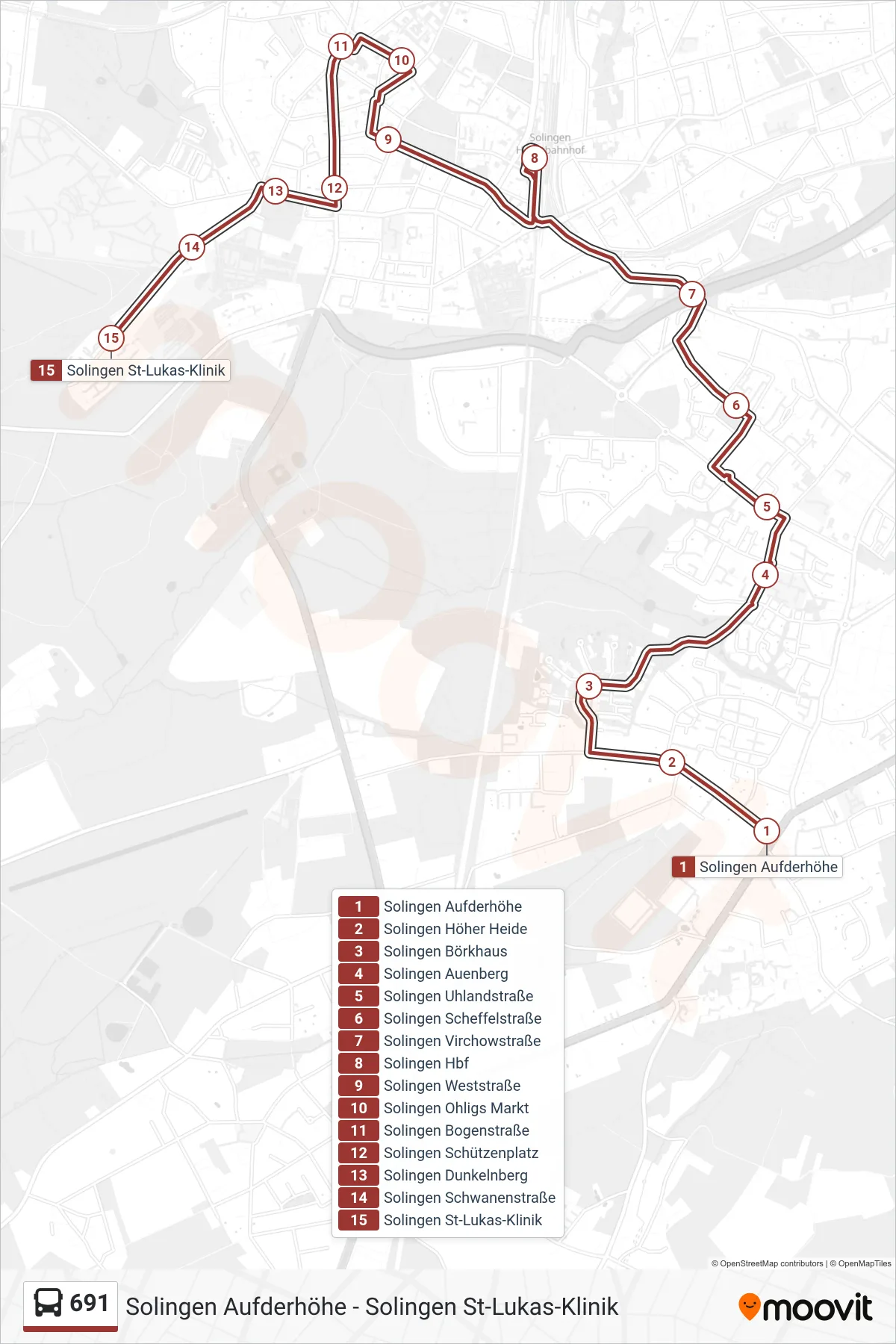 691 bus Line (Solingen St-Lukas-Klinik) route and stops on a map