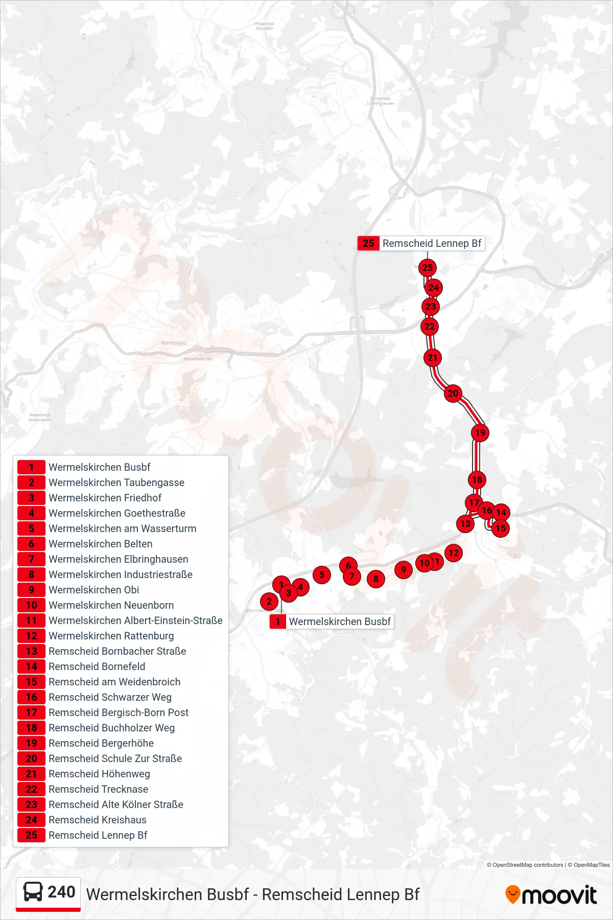 240 bus Line (Remscheid Lennep Bf) route and stops on a map