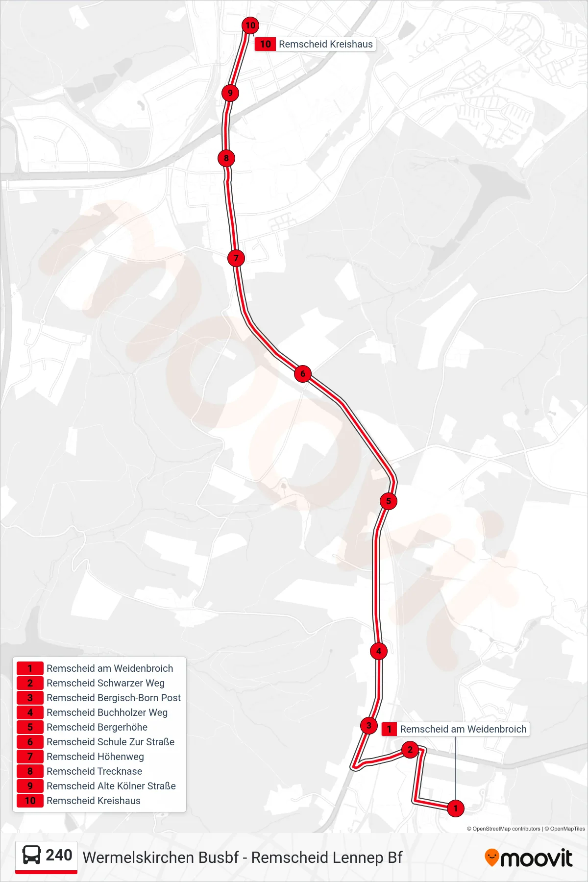 240 bus Line (Remscheid Kreishaus) route and stops on a map