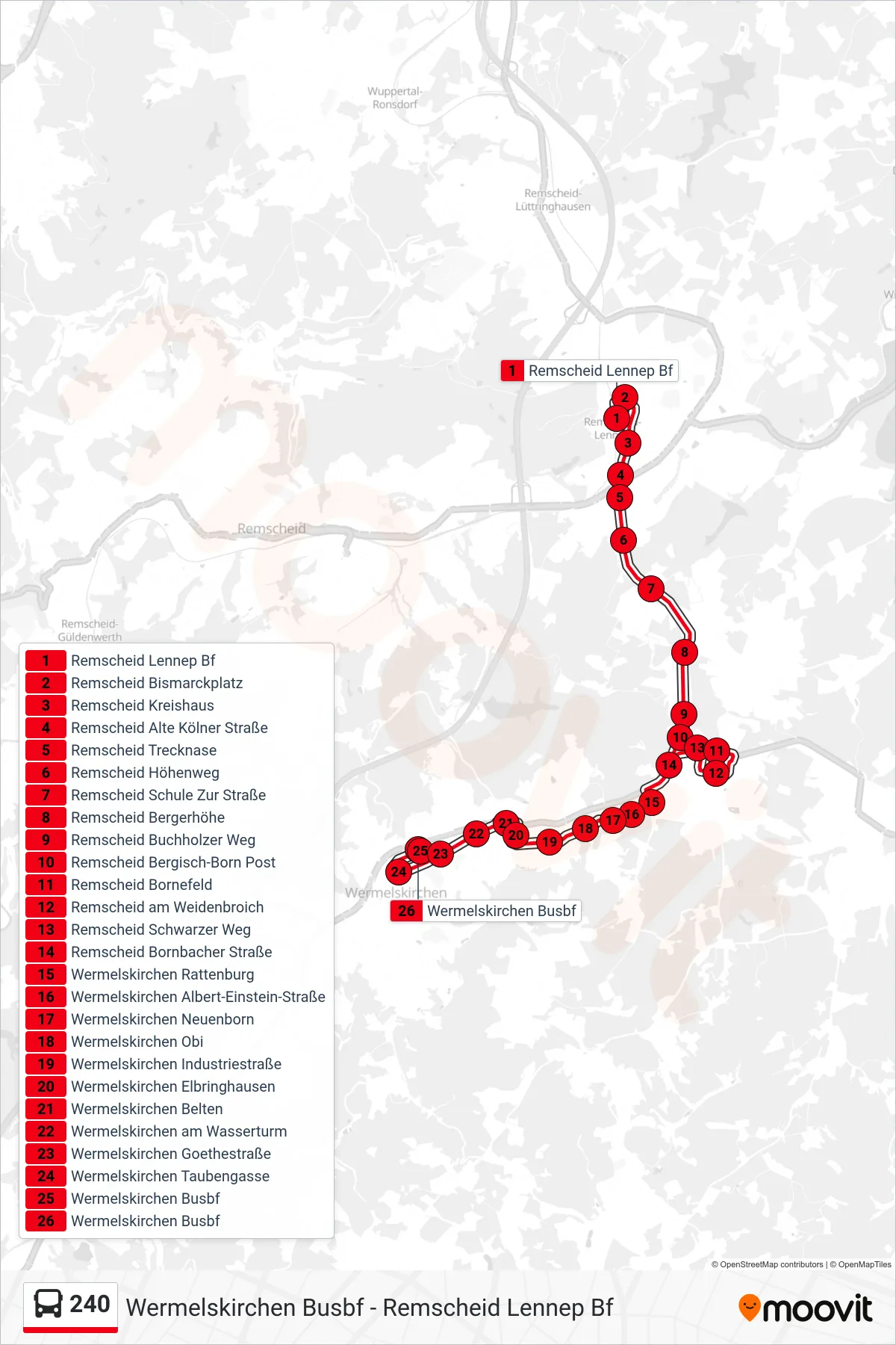 Linie 240 (Bus) Richtung Wermelskirchen Busbf: Route und Haltestellen auf der Karte