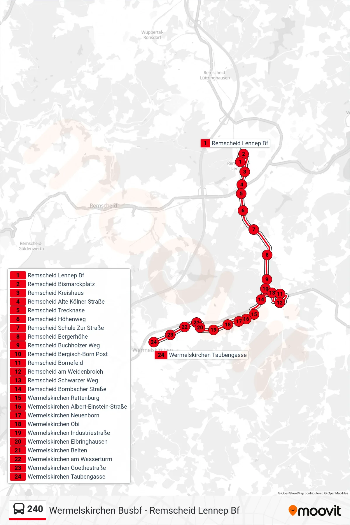 Linie 240 (Bus) Richtung Wermelskirchen Taubengasse: Route und Haltestellen auf der Karte