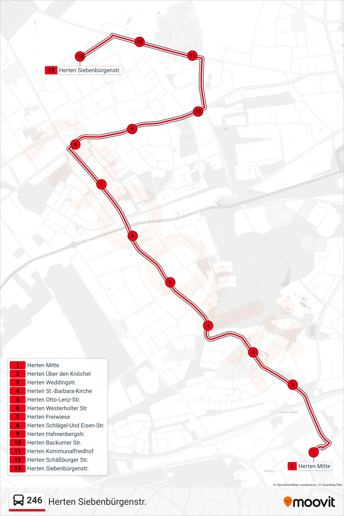 Linie 246 (Bus) Richtung Herten Siebenbürgenstr.: Route und Haltestellen auf der Karte