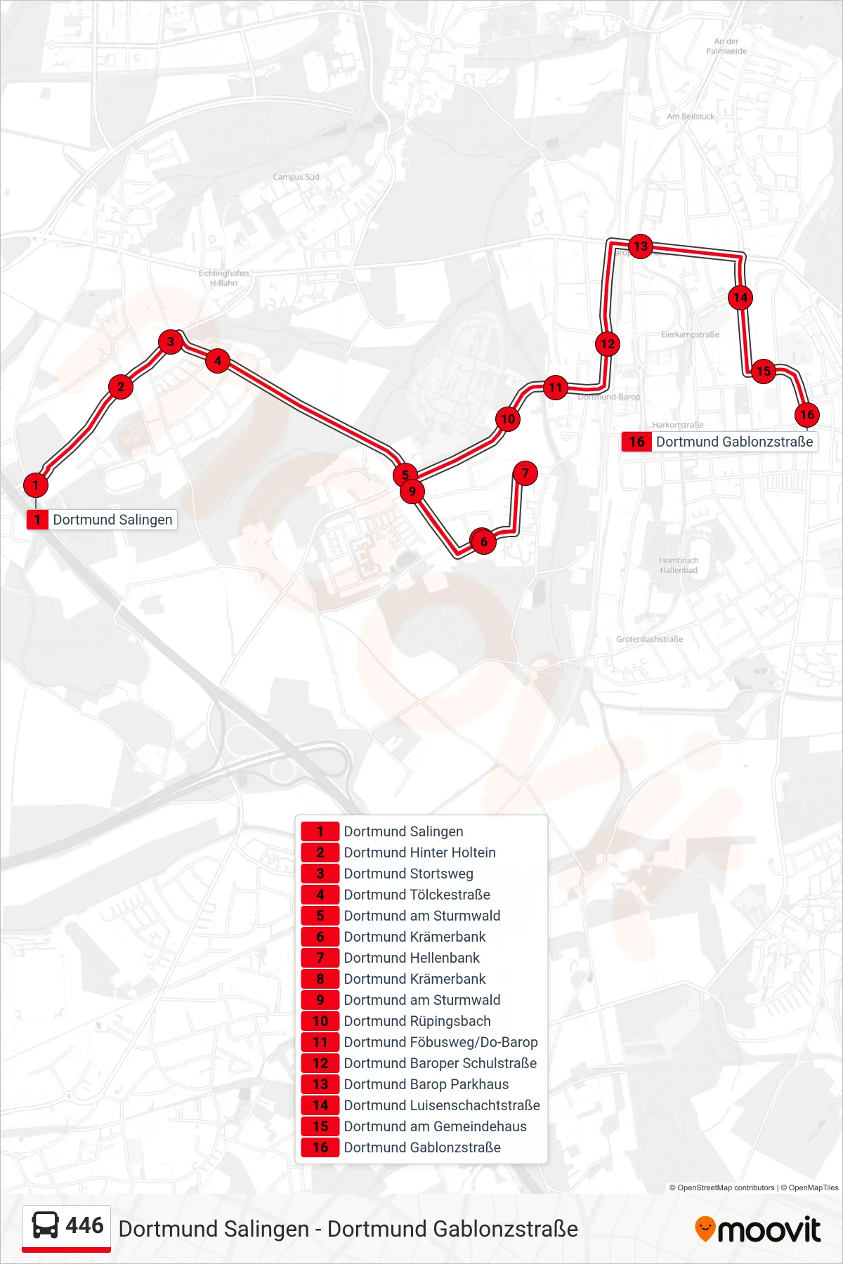 446 bus Line (Dortmund Gablonzstraße) route and stops on a map