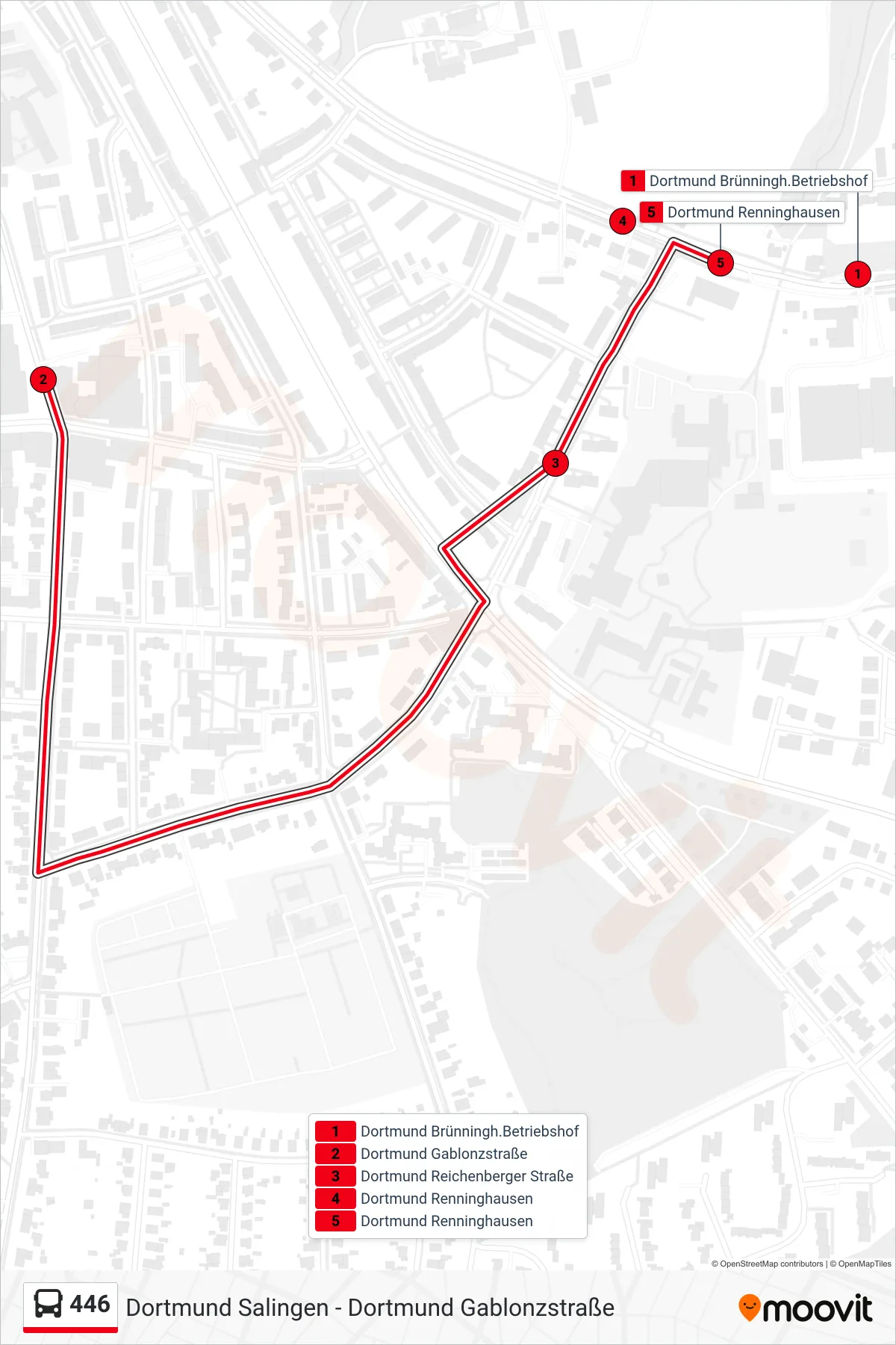446 bus Line (Dortmund Renninghausen) route and stops on a map
