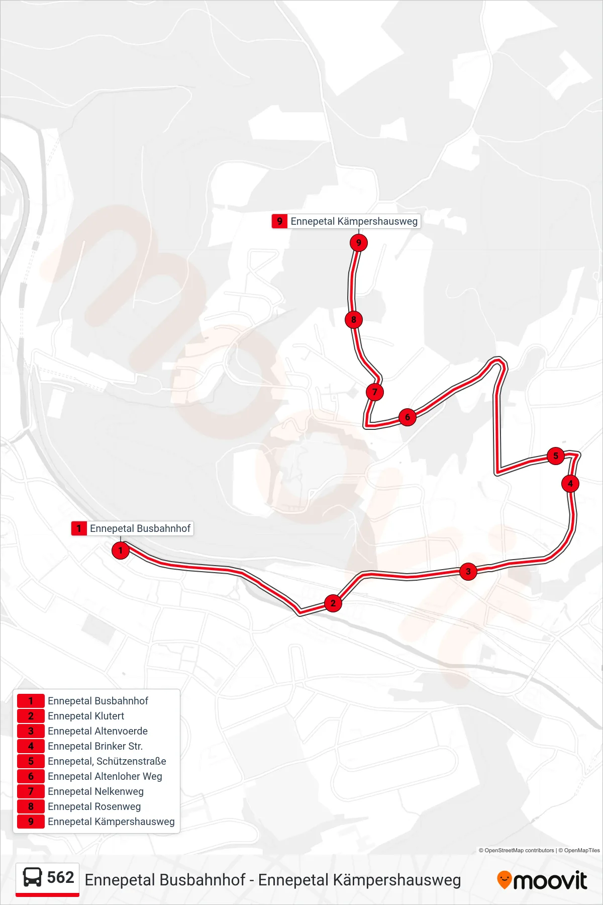 Linie 562 (Bus) Richtung Ennepetal Kämpershausweg: Route und Haltestellen auf der Karte