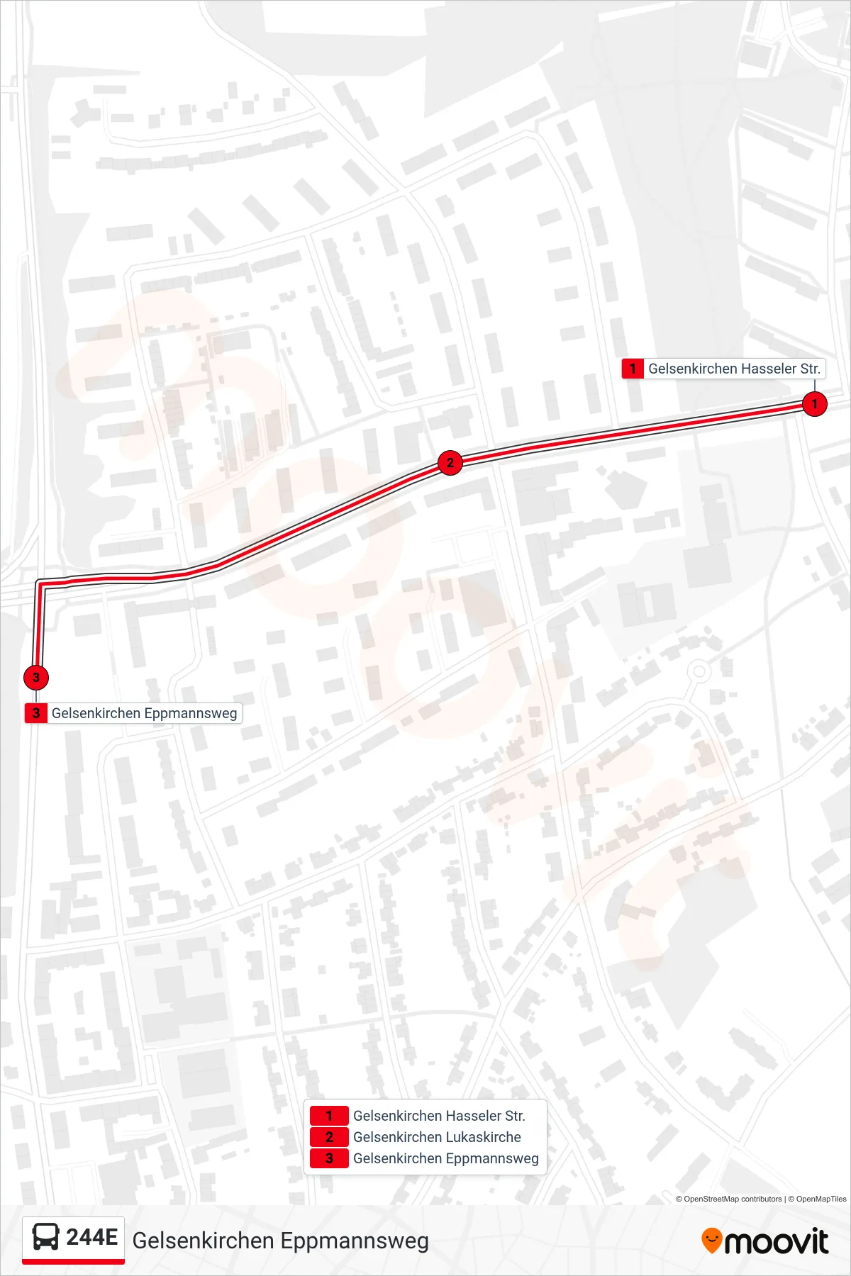 Linie 244E (Bus) Richtung Gelsenkirchen Eppmannsweg: Route und Haltestellen auf der Karte