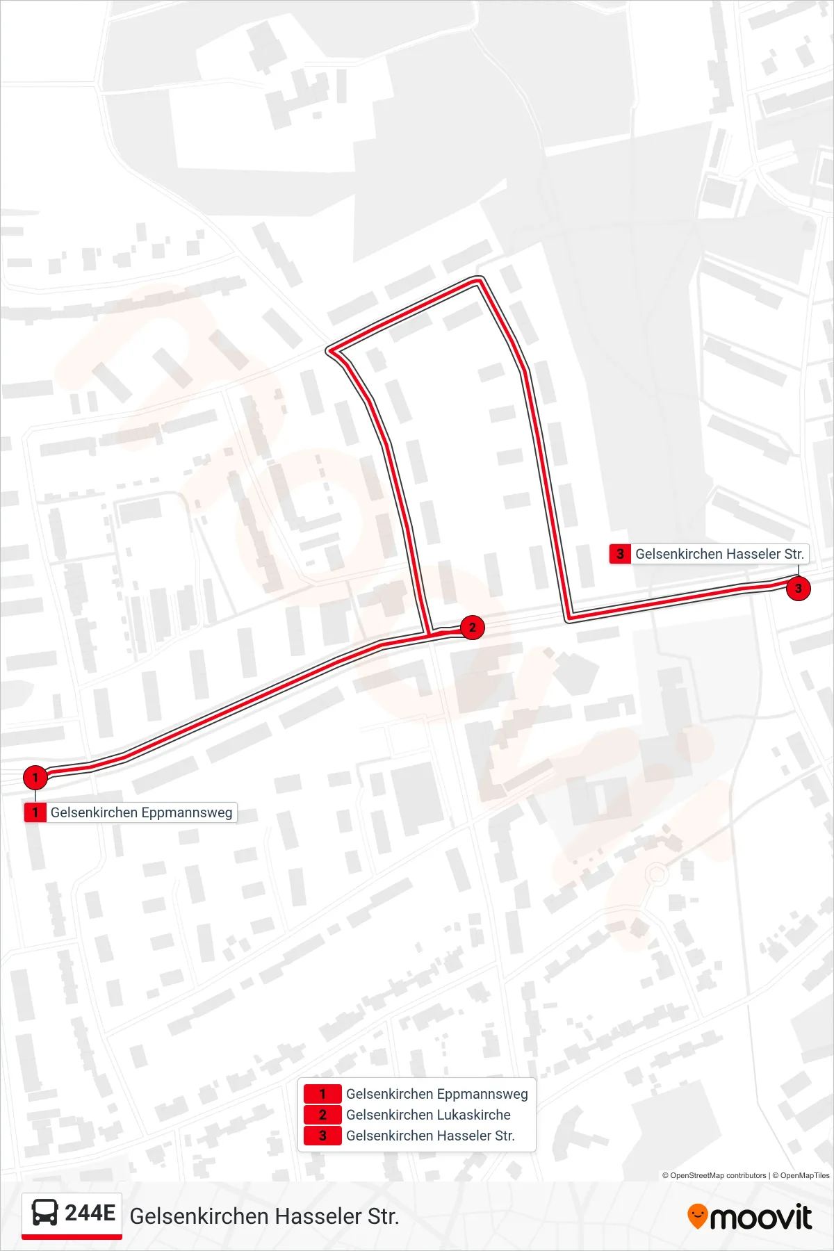 Linie 244E (Bus) Richtung Gelsenkirchen Hasseler Str.: Route und Haltestellen auf der Karte