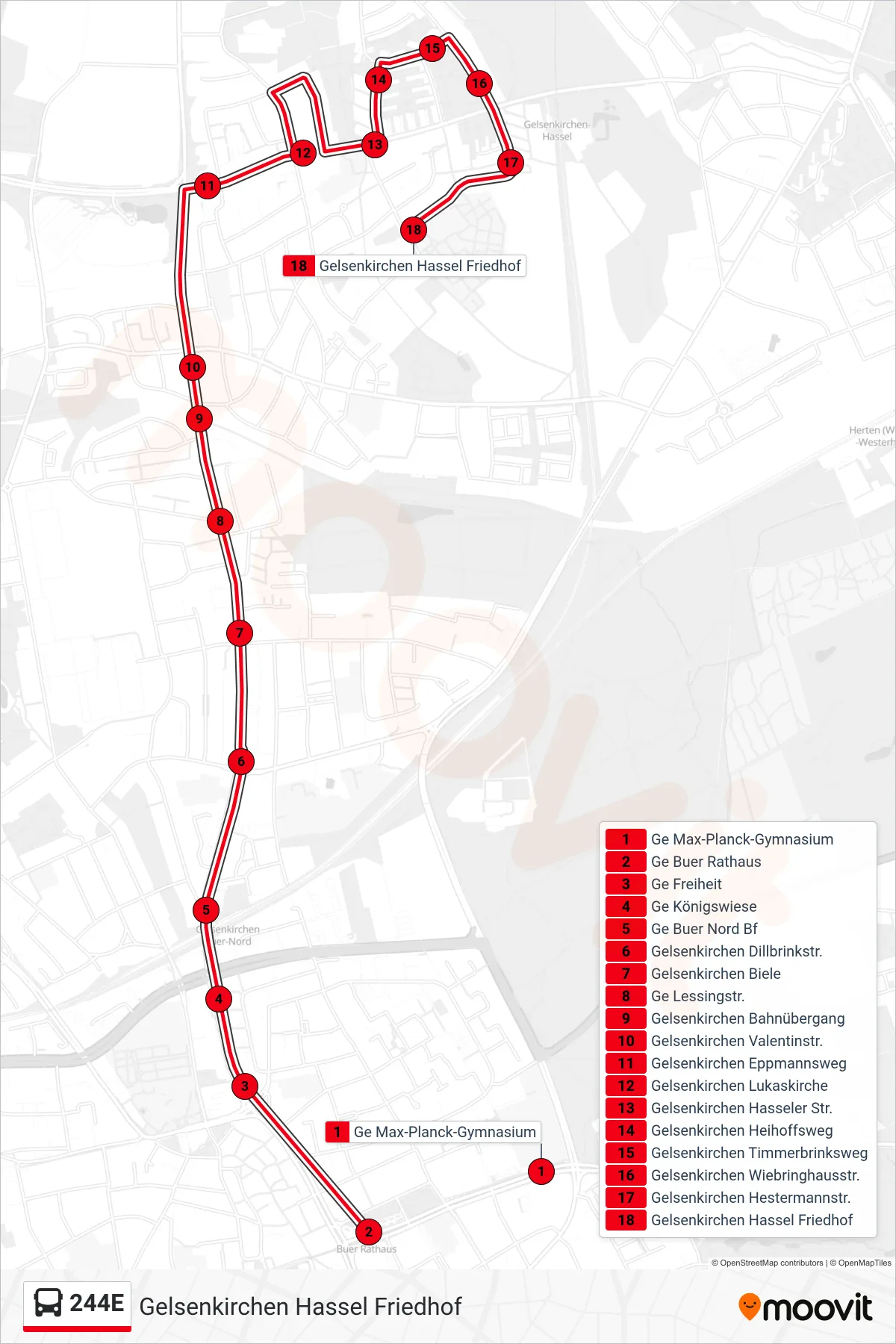 244E bus Line (Gelsenkirchen Hassel Friedhof) route and stops on a map