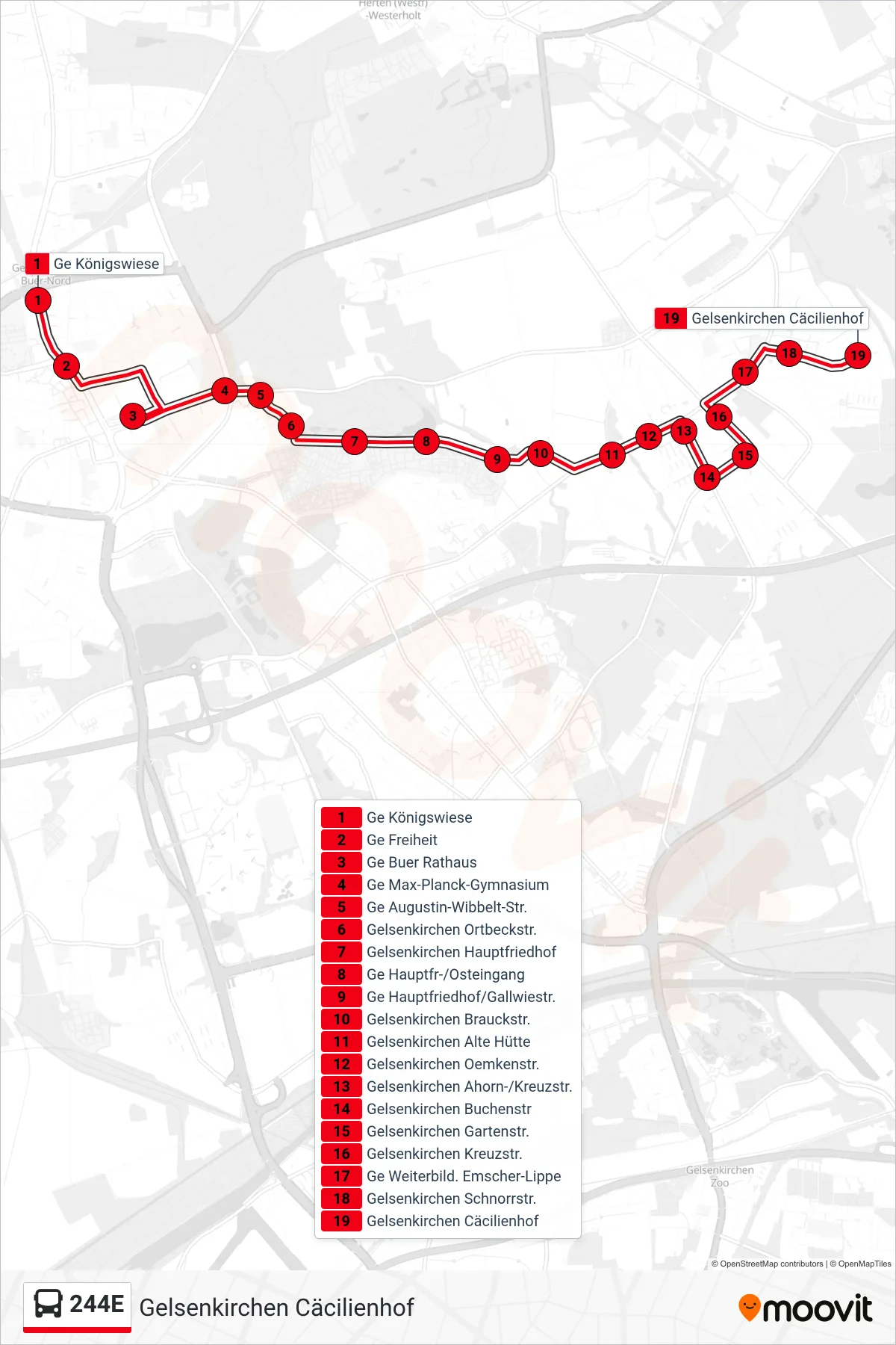 Linie 244E (Bus) Richtung Gelsenkirchen Cäcilienhof: Route und Haltestellen auf der Karte