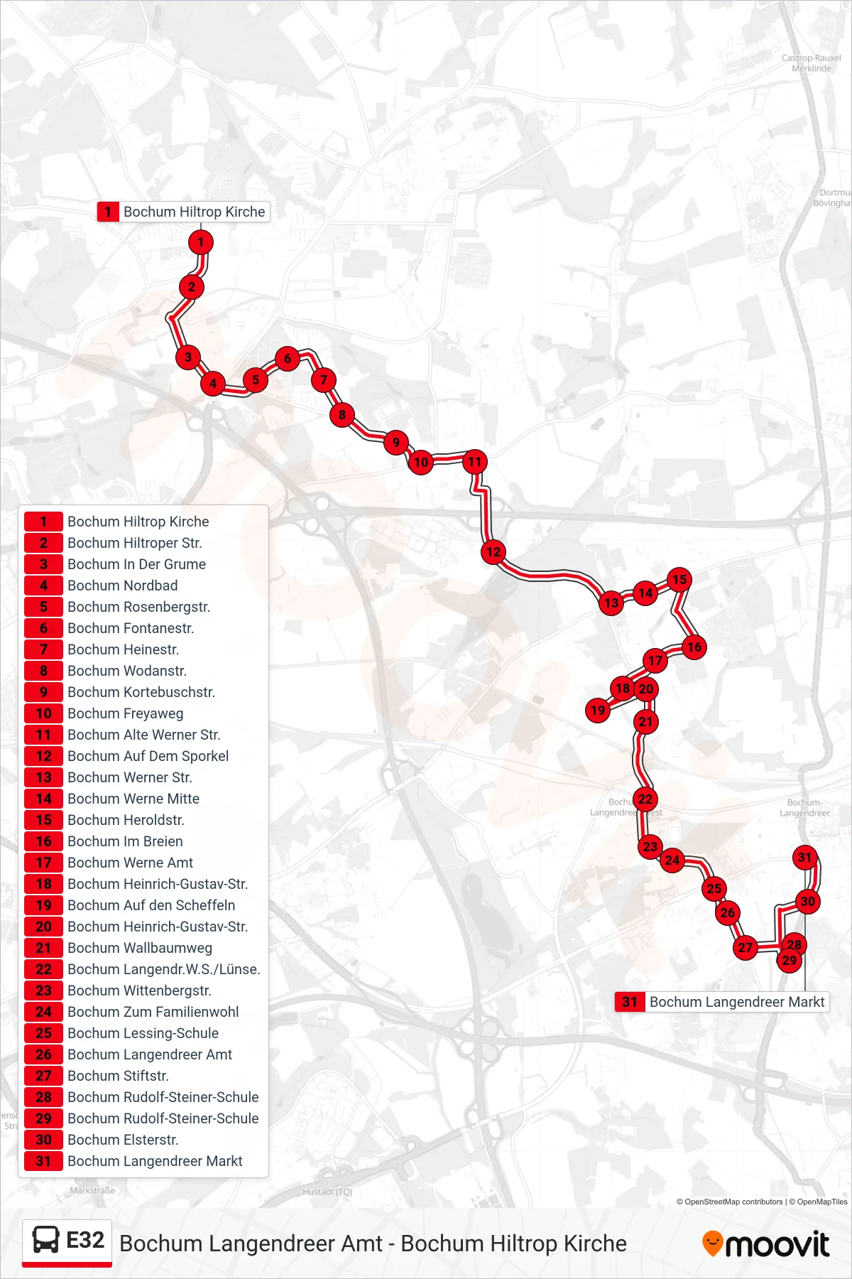 Linie E32 (Bus) Richtung Bochum Langendreer Markt: Route und Haltestellen auf der Karte