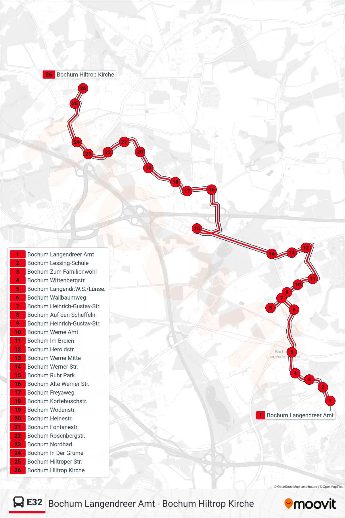 Linie E32 (Bus) Richtung Bochum Hiltrop Kirche: Route und Haltestellen auf der Karte