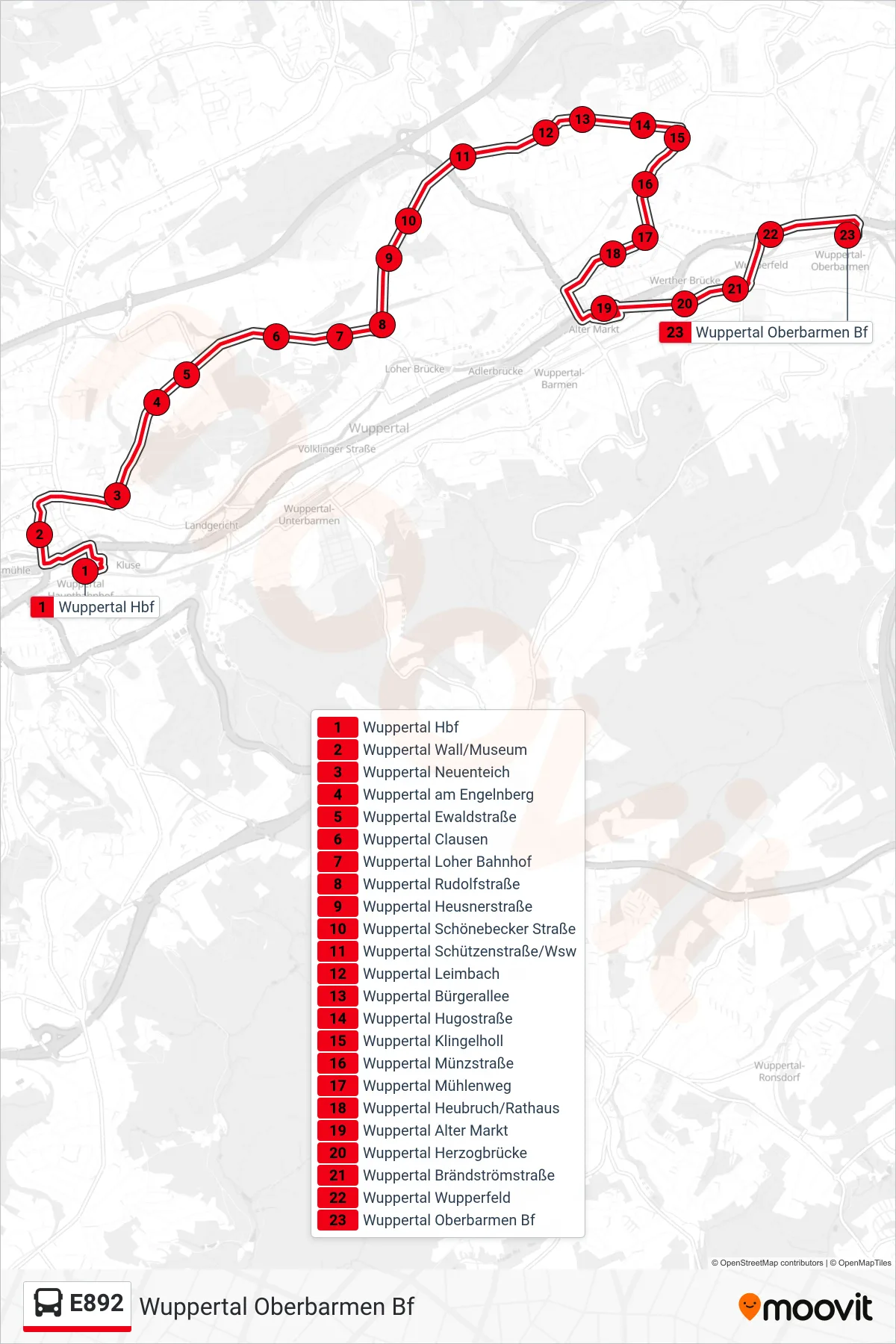 Linie E892 (Bus) Richtung Wuppertal Oberbarmen Bf: Route und Haltestellen auf der Karte