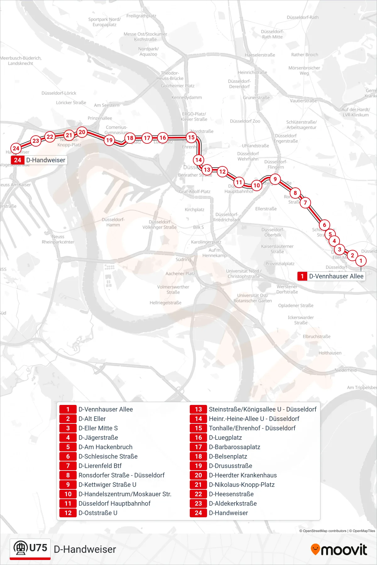 Linie U75 (U-Bahn) Richtung D-Handweiser: Route und Haltestellen auf der Karte