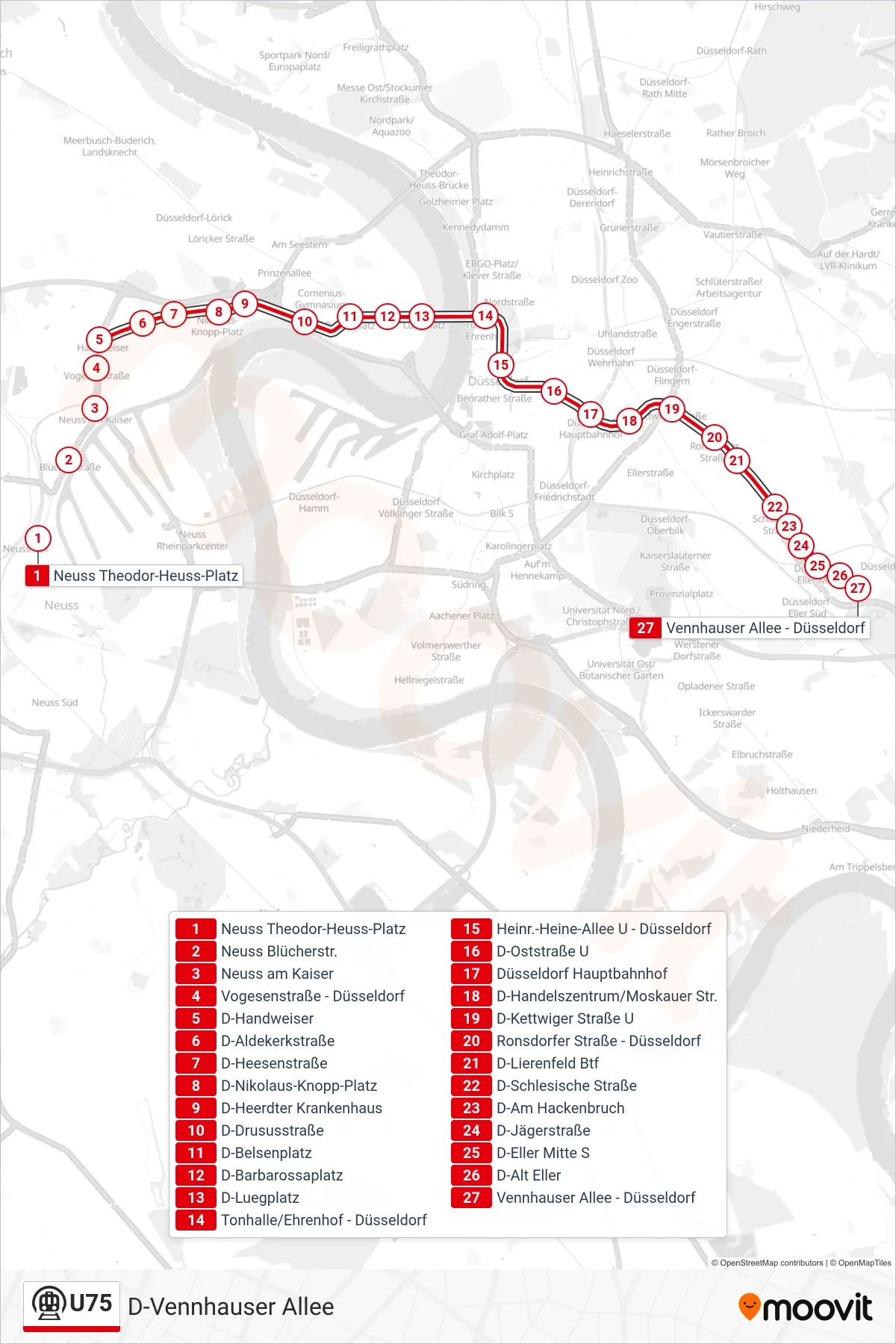 Linie U75 (U-Bahn) Richtung D-Vennhauser Allee: Route und Haltestellen auf der Karte
