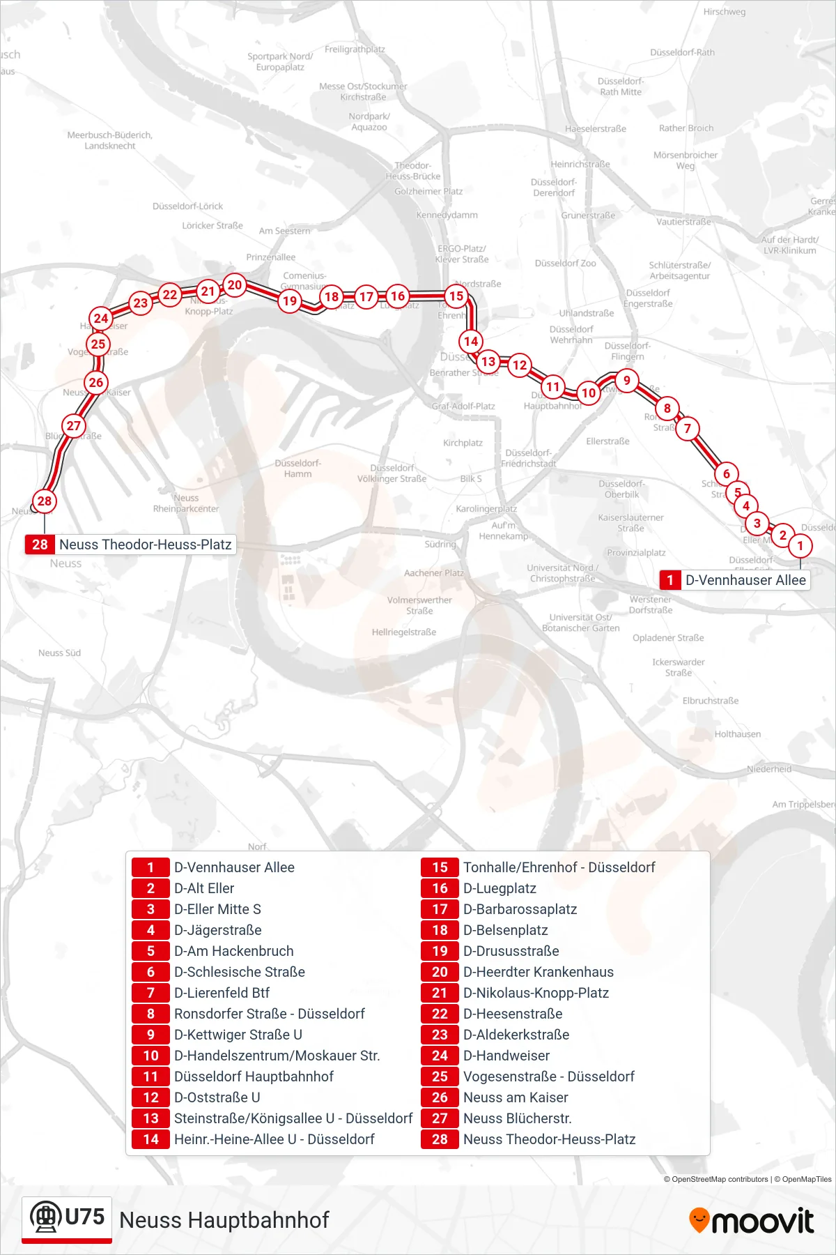 Linie U75 (U-Bahn) Richtung Neuss Hauptbahnhof: Route und Haltestellen auf der Karte