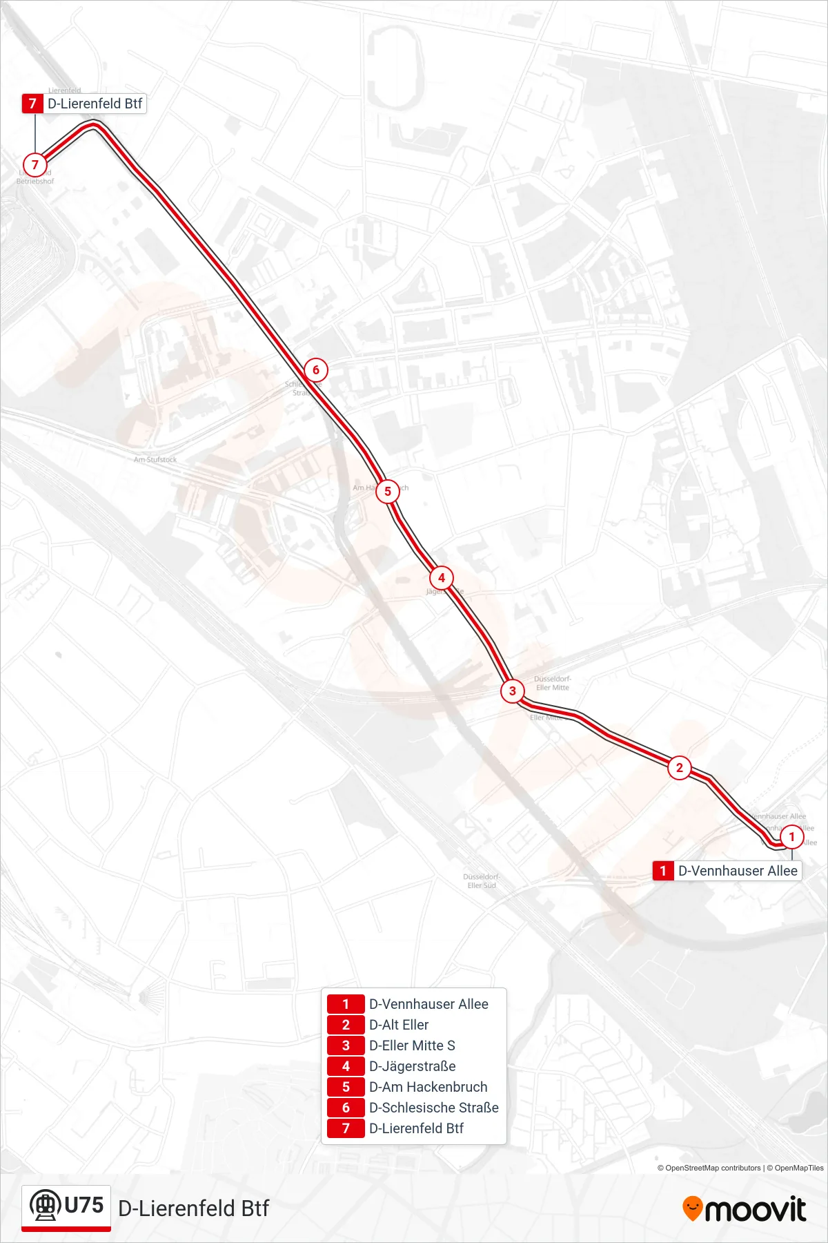 Linie U75 (U-Bahn) Richtung D-Lierenfeld Btf: Route und Haltestellen auf der Karte