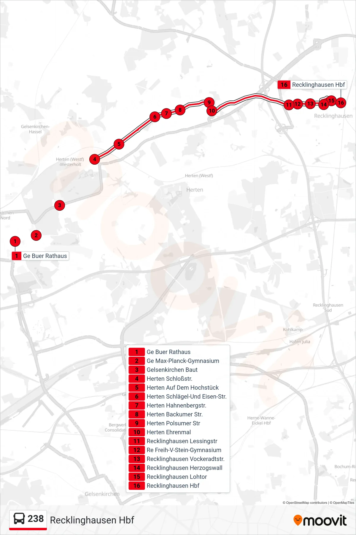 Linie 238 (Bus) Richtung Recklinghausen Hbf: Route und Haltestellen auf der Karte