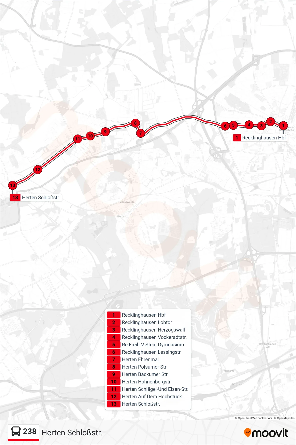 Linie 238 (Bus) Richtung Herten Schloßstr.: Route und Haltestellen auf der Karte