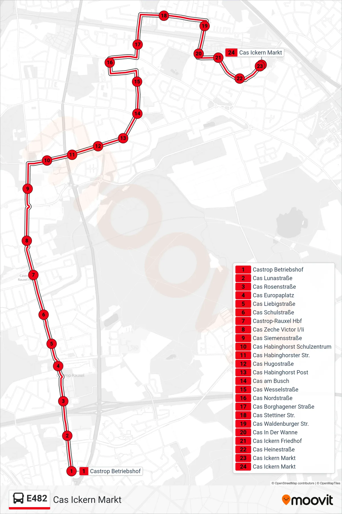 Linie E482 (Bus) Richtung Cas Ickern Markt: Route und Haltestellen auf der Karte