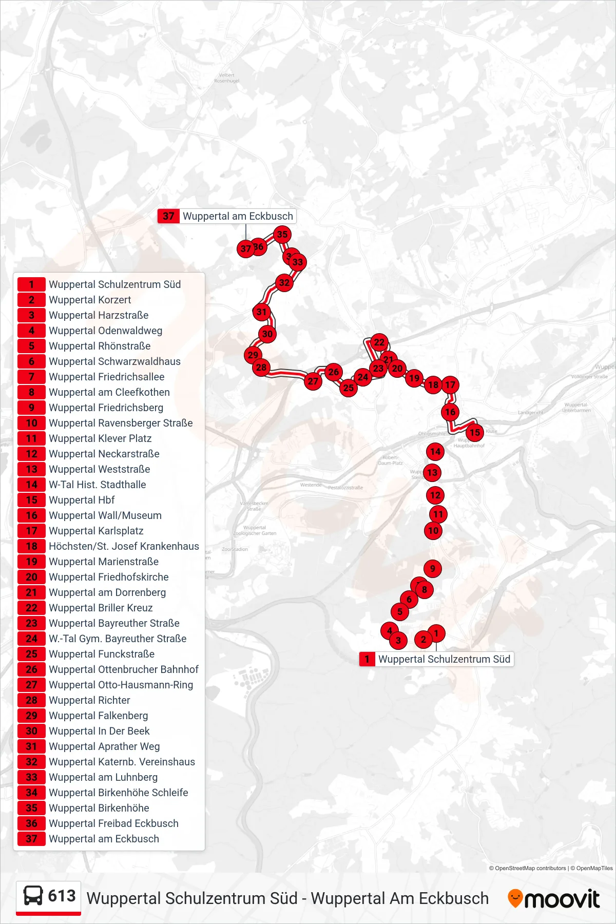 613 bus Line (Wuppertal am Eckbusch) route and stops on a map