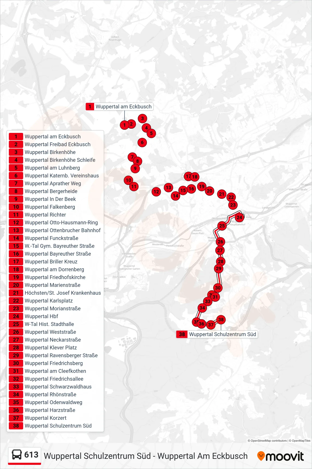 Linie 613 (Bus) Richtung Wuppertal Schulzentrum Süd: Route und Haltestellen auf der Karte