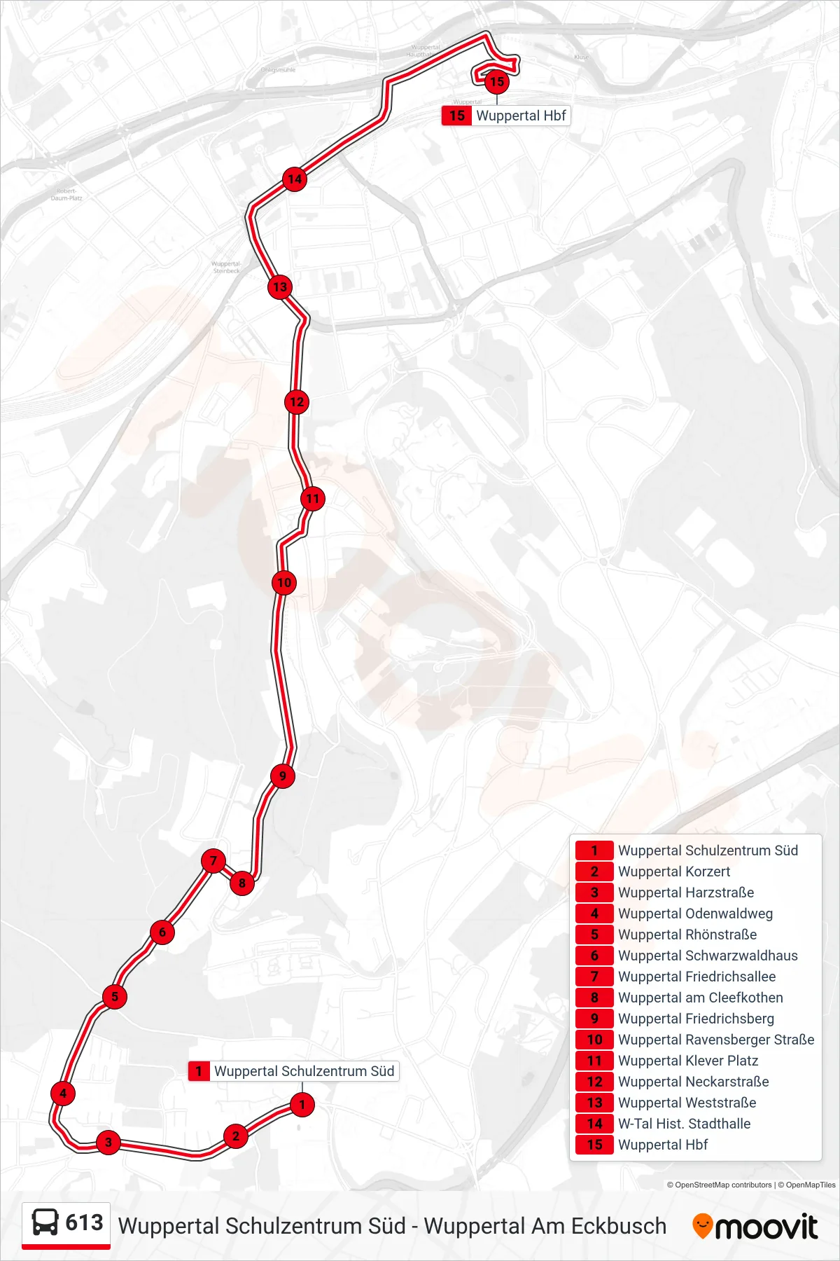 Linie 613 (Bus) Richtung Wuppertal Hbf: Route und Haltestellen auf der Karte