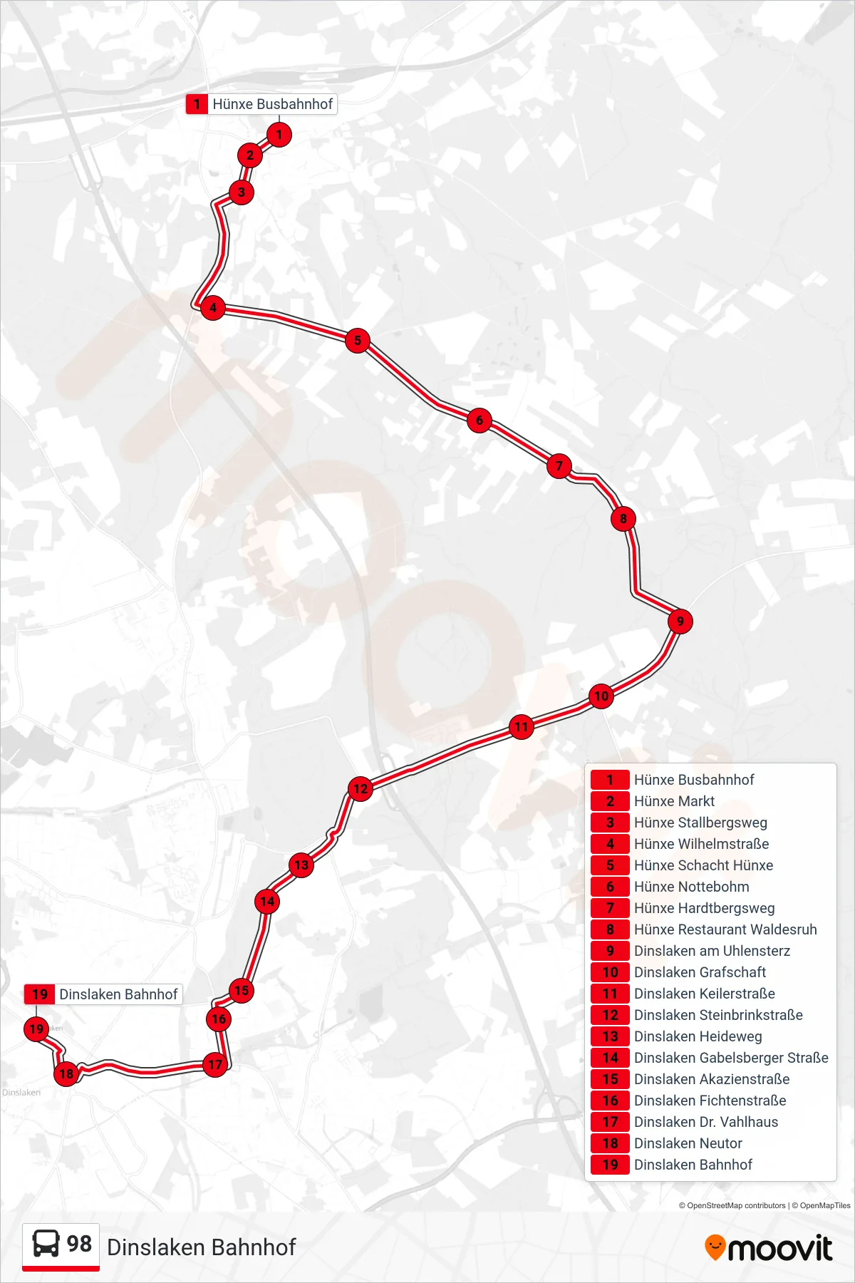 Linie 98 (Bus) Richtung Dinslaken Bahnhof: Route und Haltestellen auf der Karte
