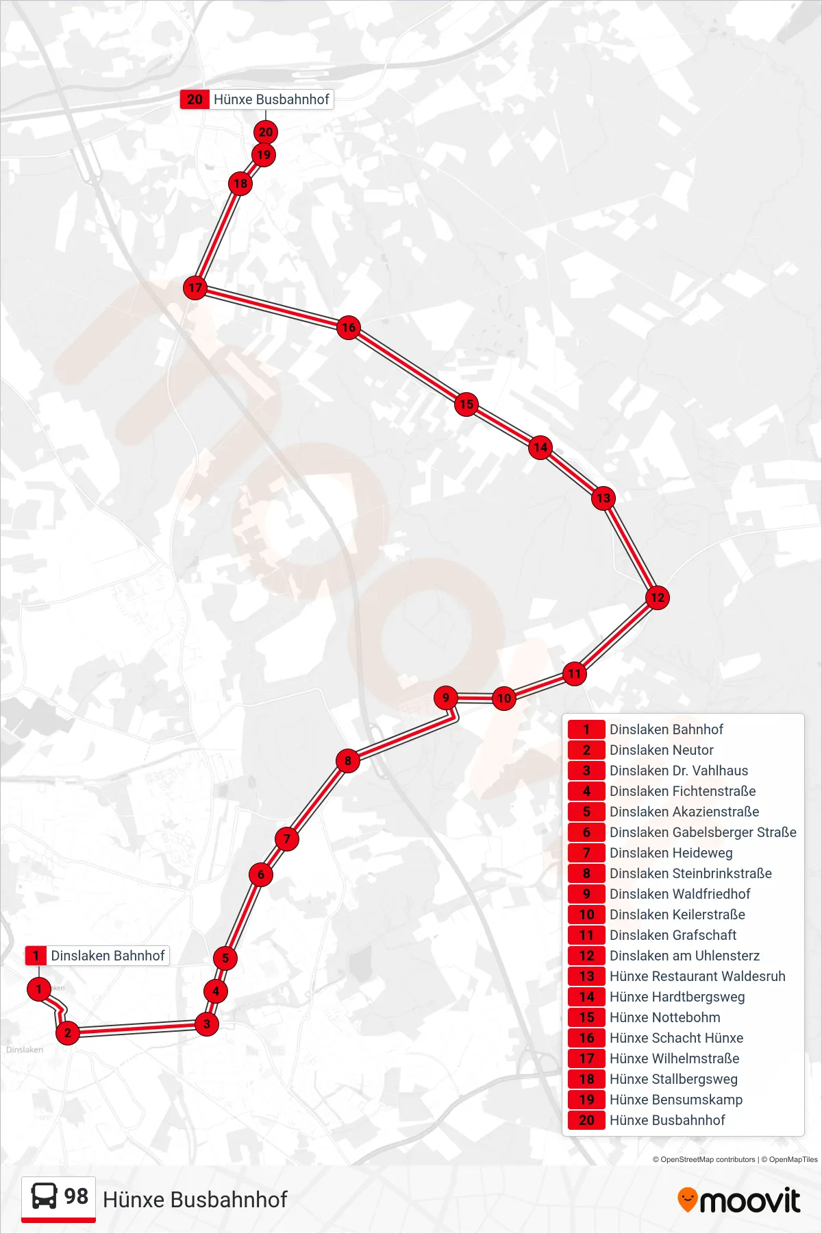 Linie 98 (Bus) Richtung Hünxe Busbahnhof: Route und Haltestellen auf der Karte