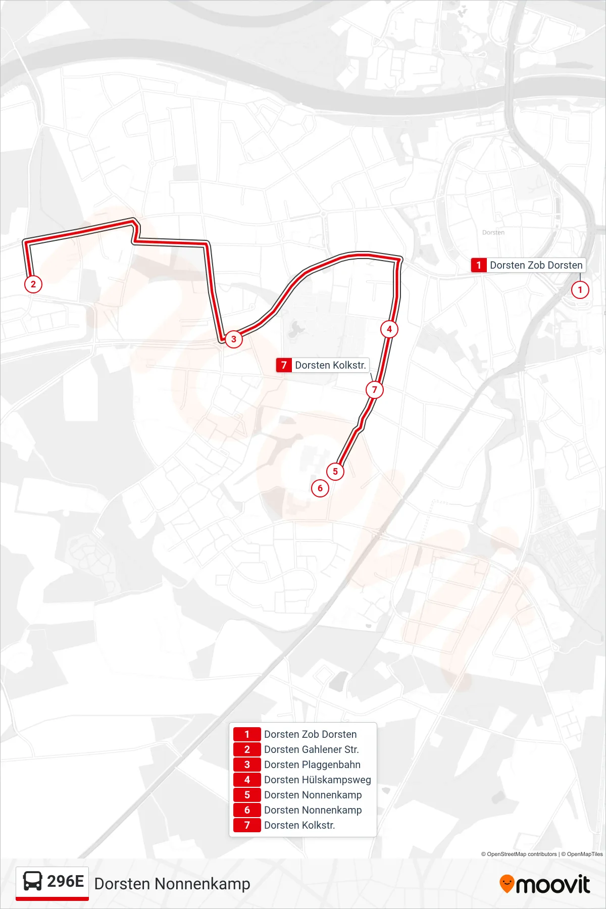 296E bus Line (Dorsten Nonnenkamp) route and stops on a map