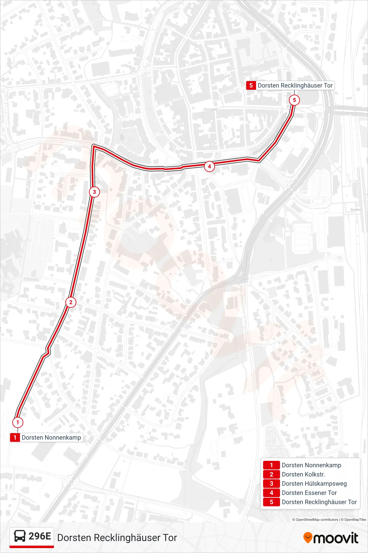 Linie 296E (Bus) Richtung Dorsten Recklinghäuser Tor: Route und Haltestellen auf der Karte