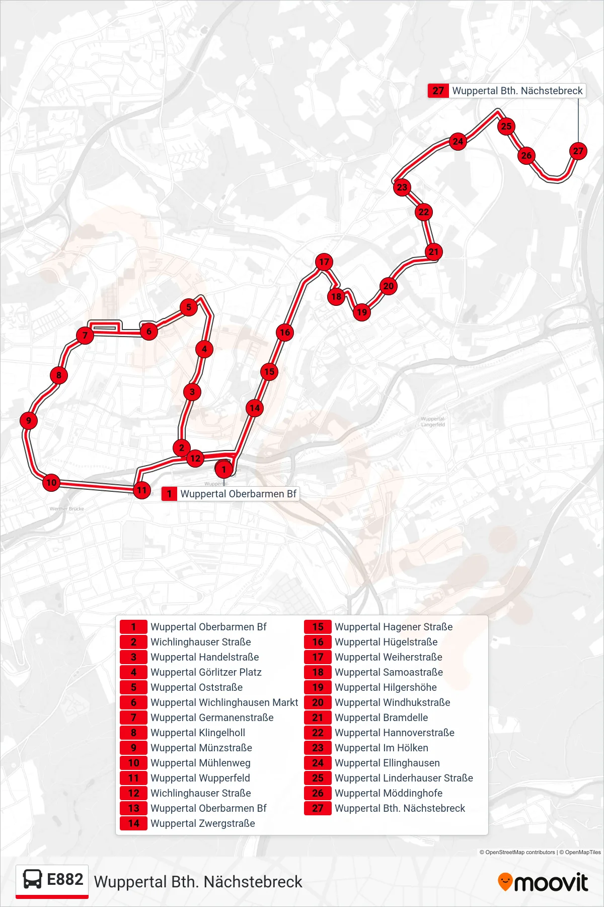 Linie E882 (Bus) Richtung Wuppertal Bth. Nächstebreck: Route und Haltestellen auf der Karte