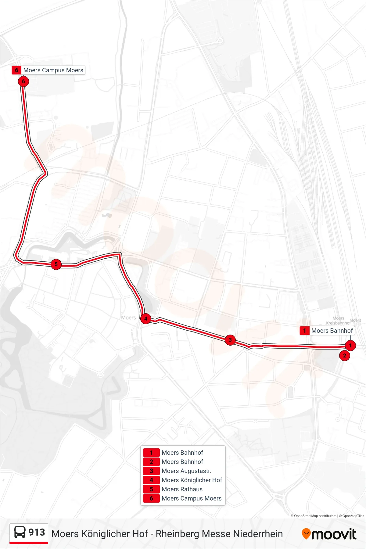 Linie 913 (Bus) Richtung Moers Campus Moers: Route und Haltestellen auf der Karte