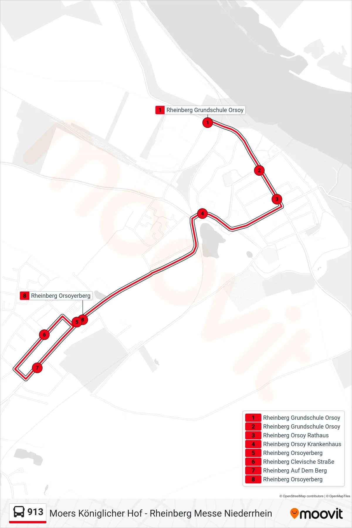 Linie 913 (Bus) Richtung Rheinberg Orsoyerberg: Route und Haltestellen auf der Karte