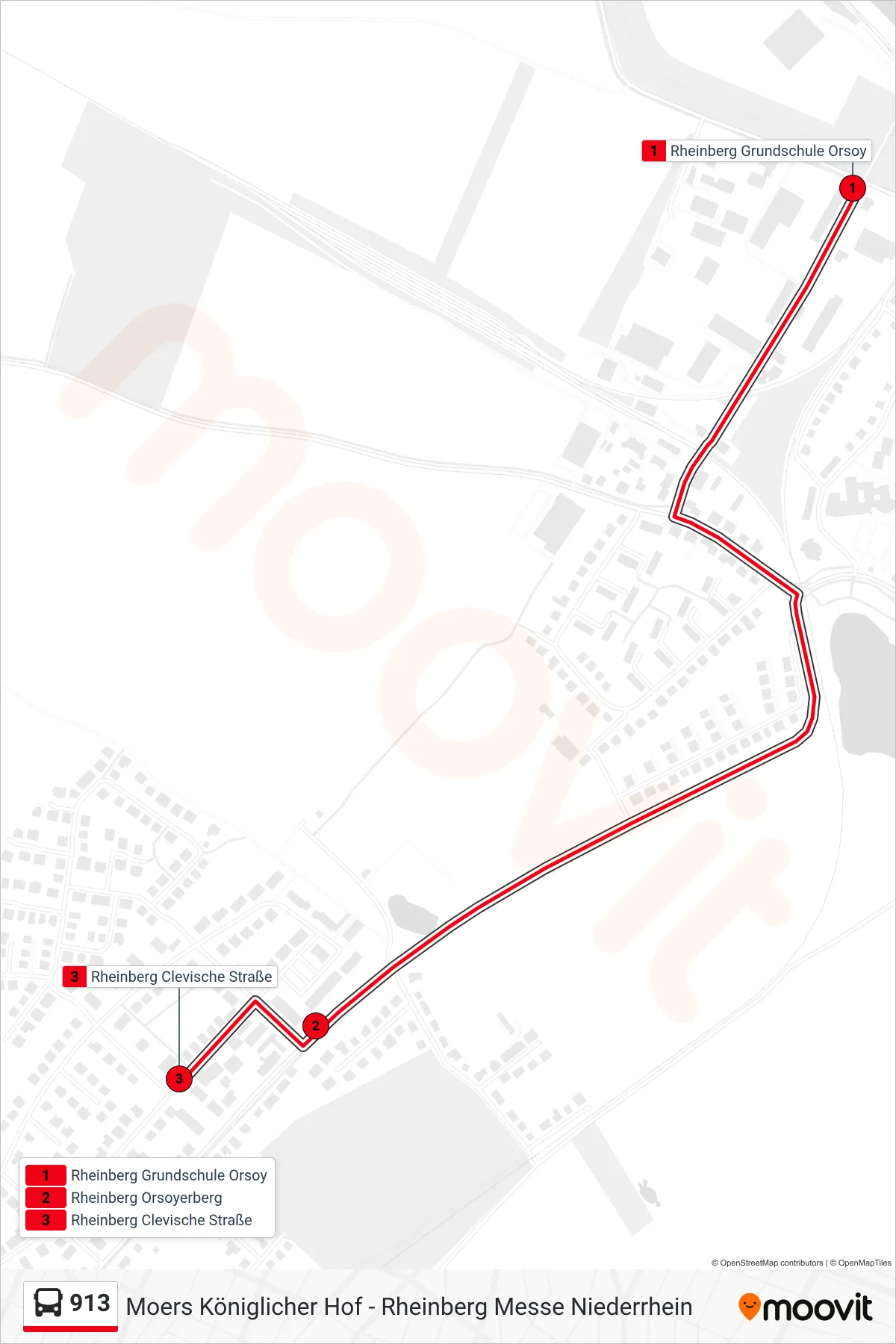 913 bus Line (Rheinberg Clevische Straße) route and stops on a map