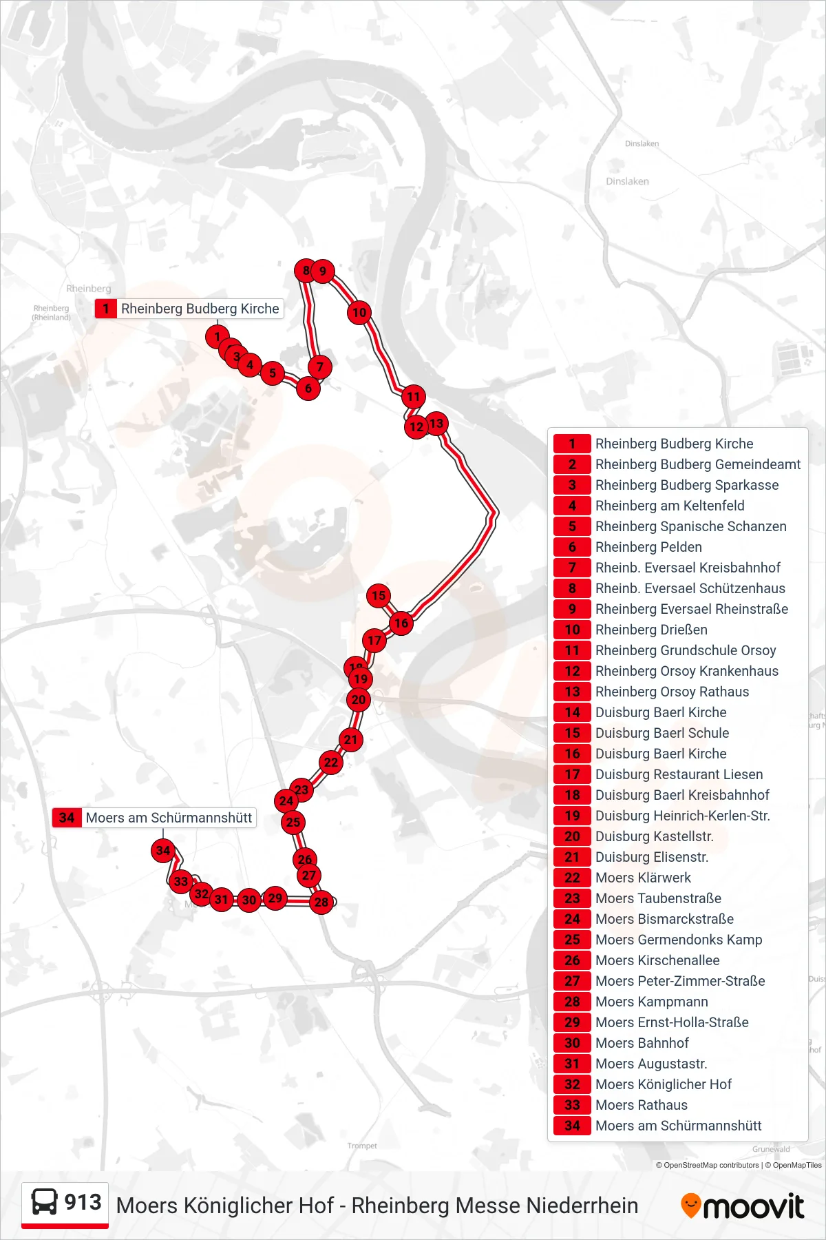 913 bus Line (Moers am Schürmannshütt) route and stops on a map