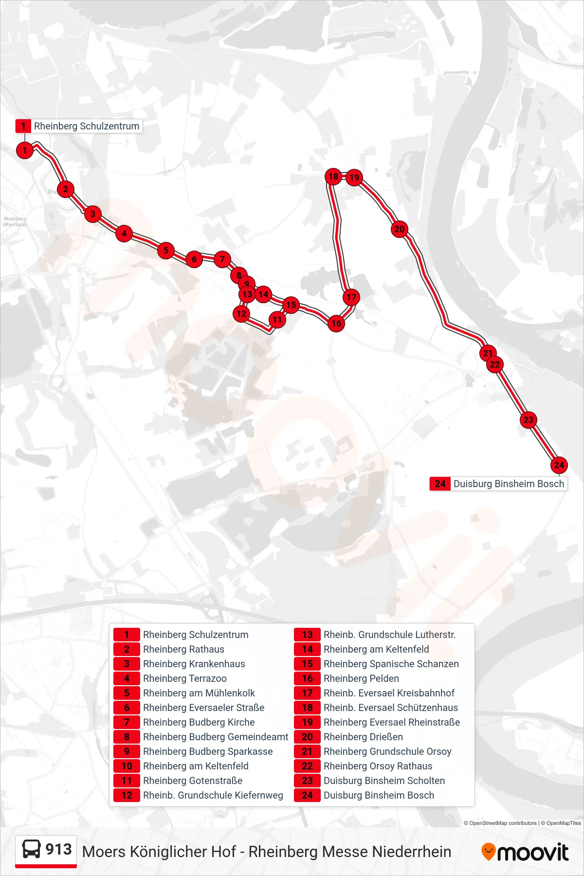 913 bus Line (Duisburg Binsheim Bosch) route and stops on a map