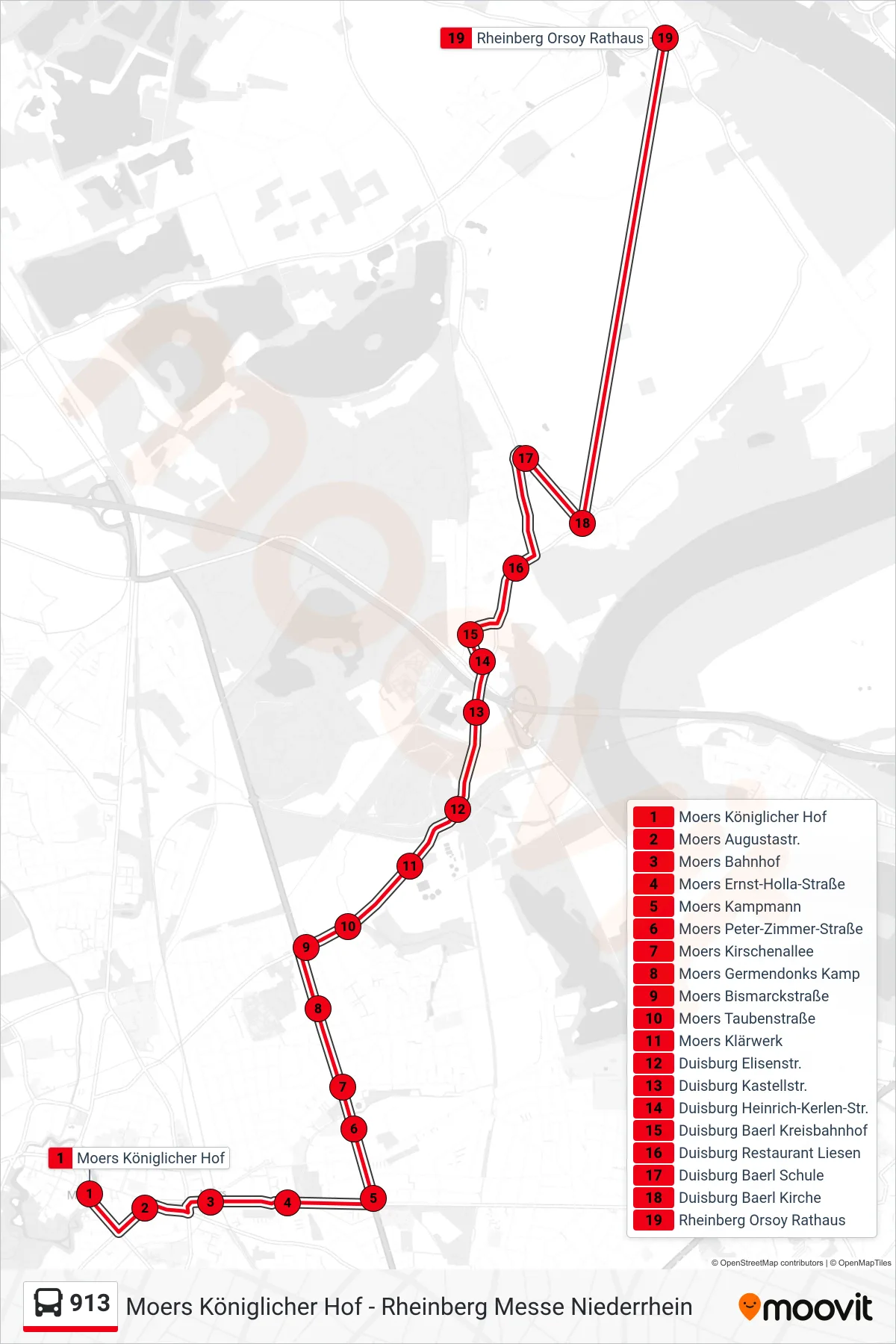 913 bus Line (Rheinberg Orsoy Rathaus) route and stops on a map