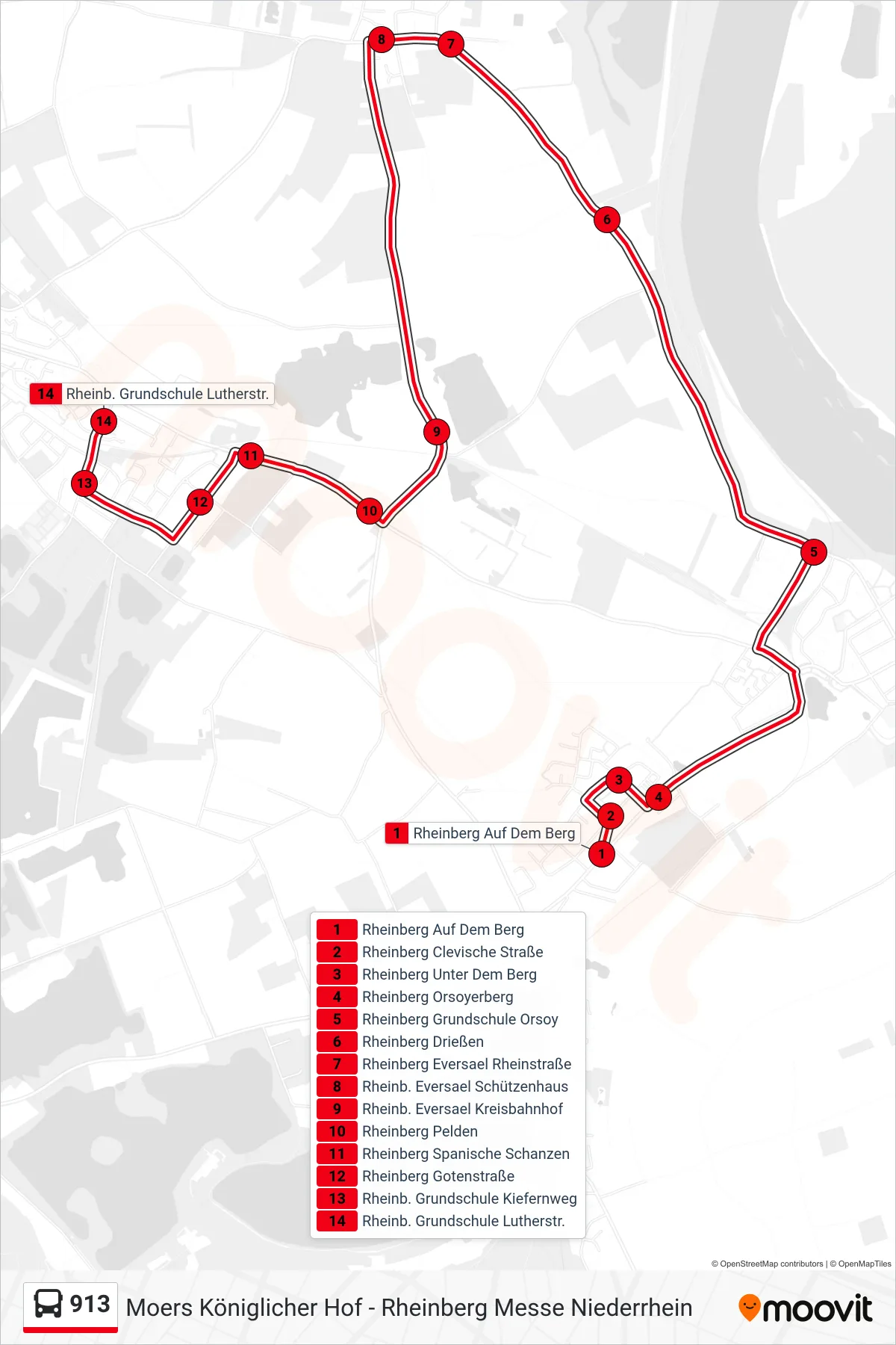 913 bus Line (Rheinb. Grundschule Lutherstr.) route and stops on a map
