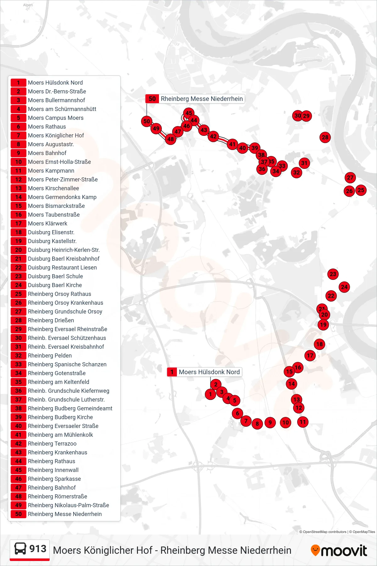 913 bus Line (Rheinberg Messe Niederrhein) route and stops on a map
