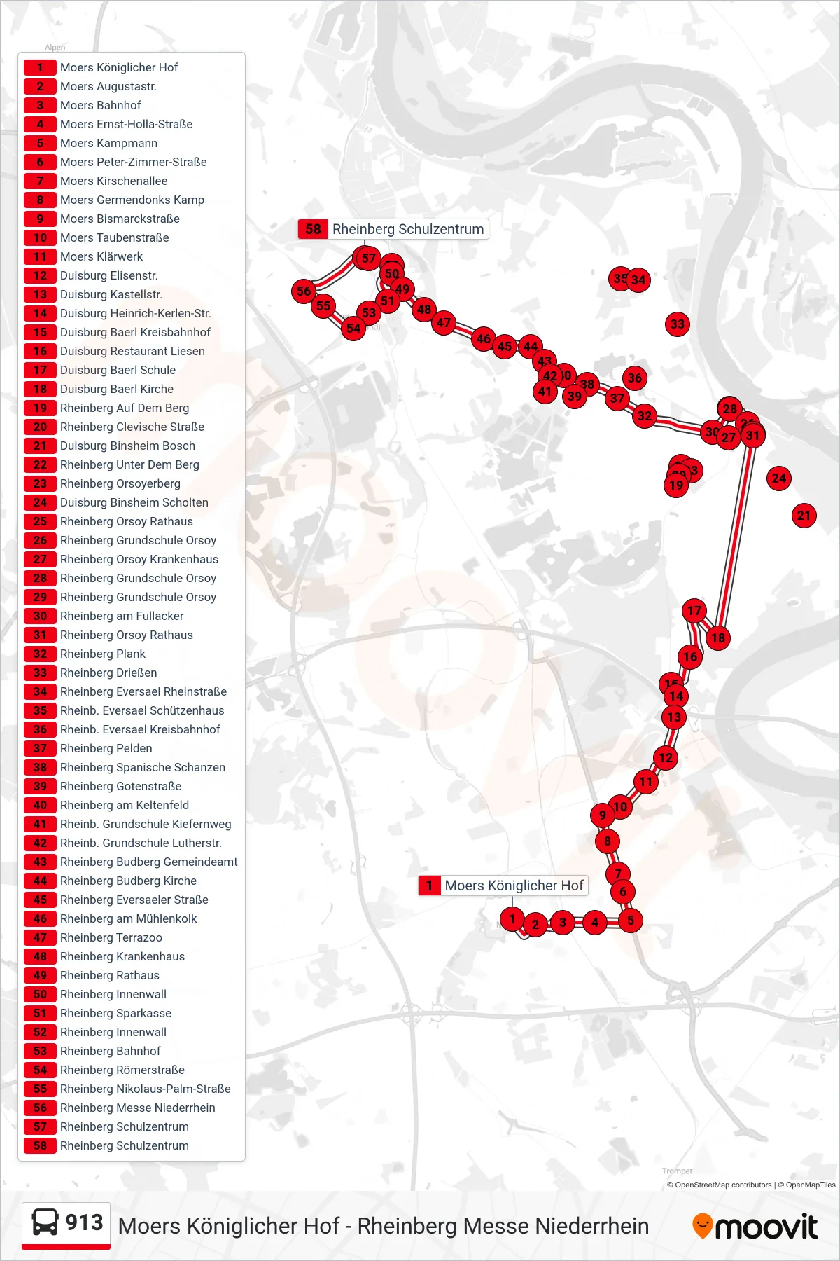 913 bus Line (Rheinberg Schulzentrum) route and stops on a map