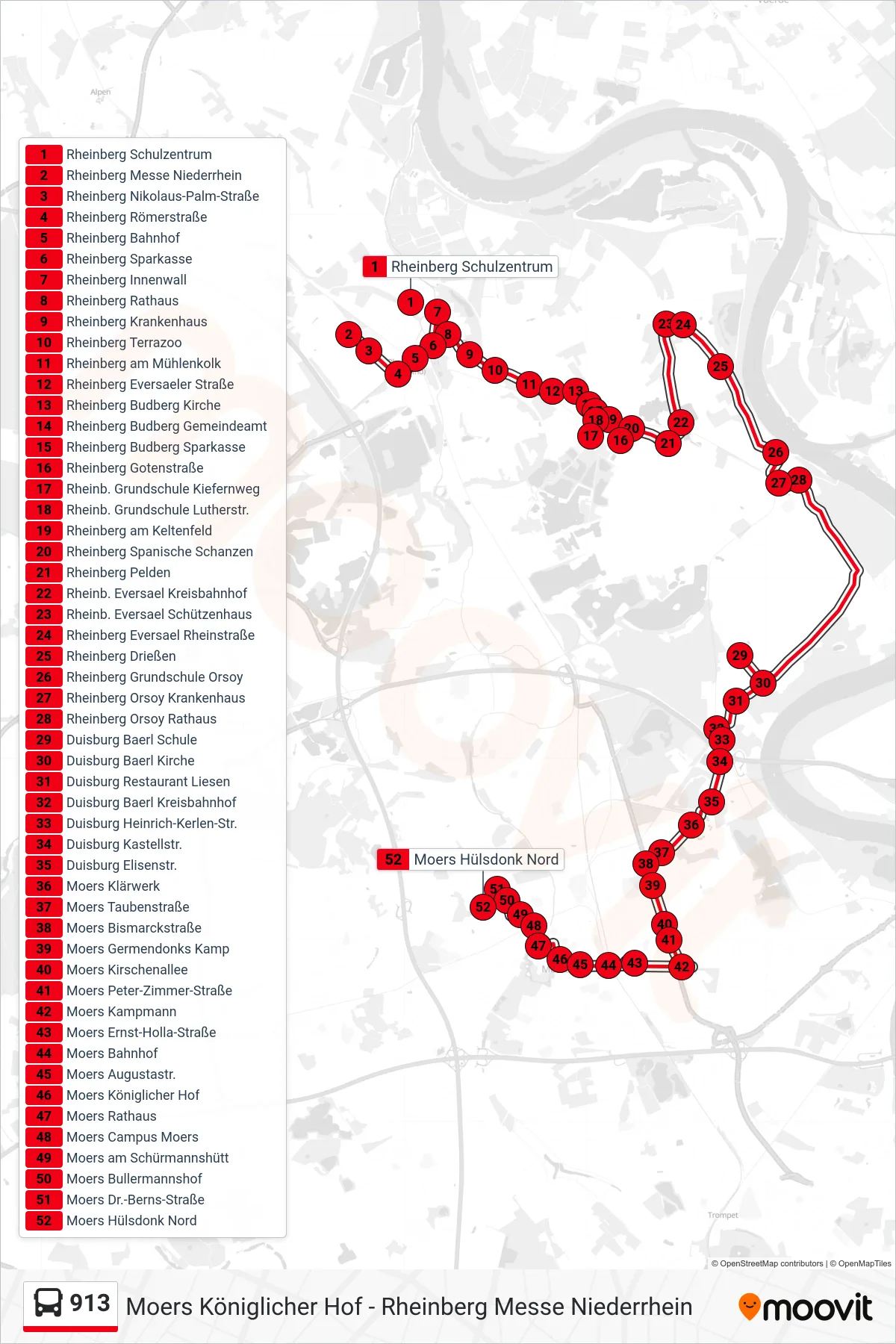 Linie 913 (Bus) Richtung Moers Hülsdonk Nord: Route und Haltestellen auf der Karte