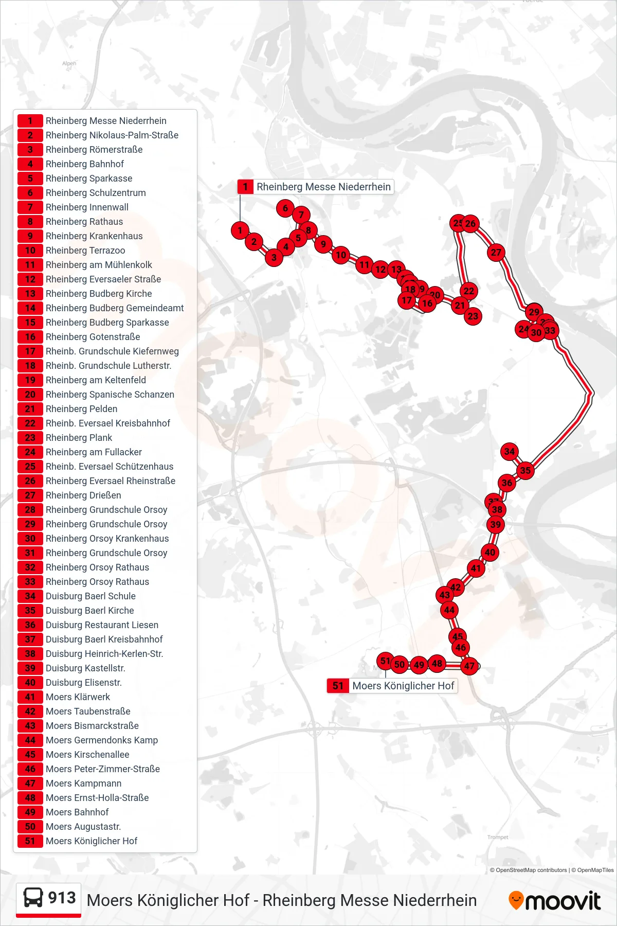 Linie 913 (Bus) Richtung Moers Königlicher Hof: Route und Haltestellen auf der Karte