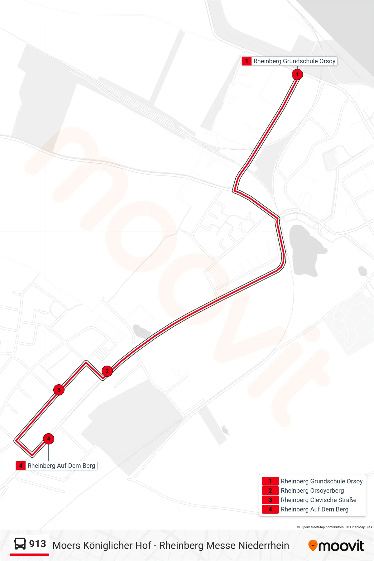 913 bus Line (Rheinberg Auf Dem Berg) route and stops on a map