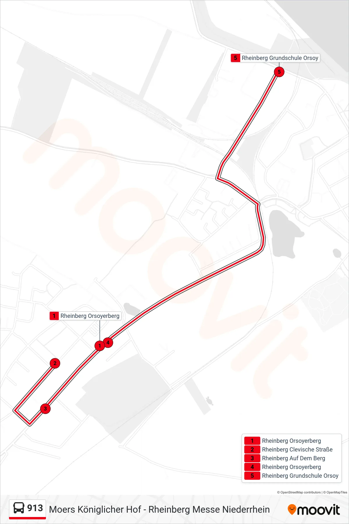 913 bus Line (Rheinberg Grundschule Orsoy) route and stops on a map