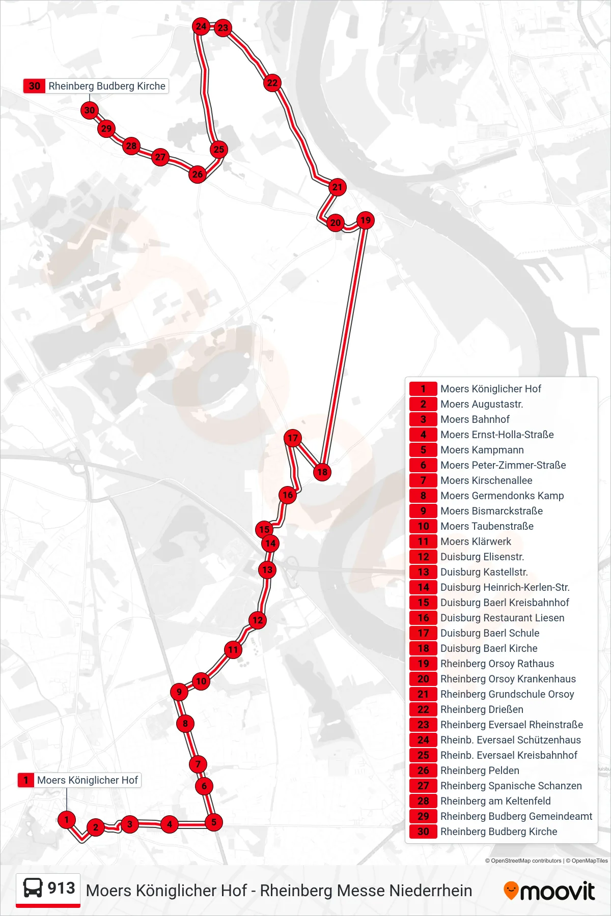 Linie 913 (Bus) Richtung Rheinberg Budberg Kirche: Route und Haltestellen auf der Karte
