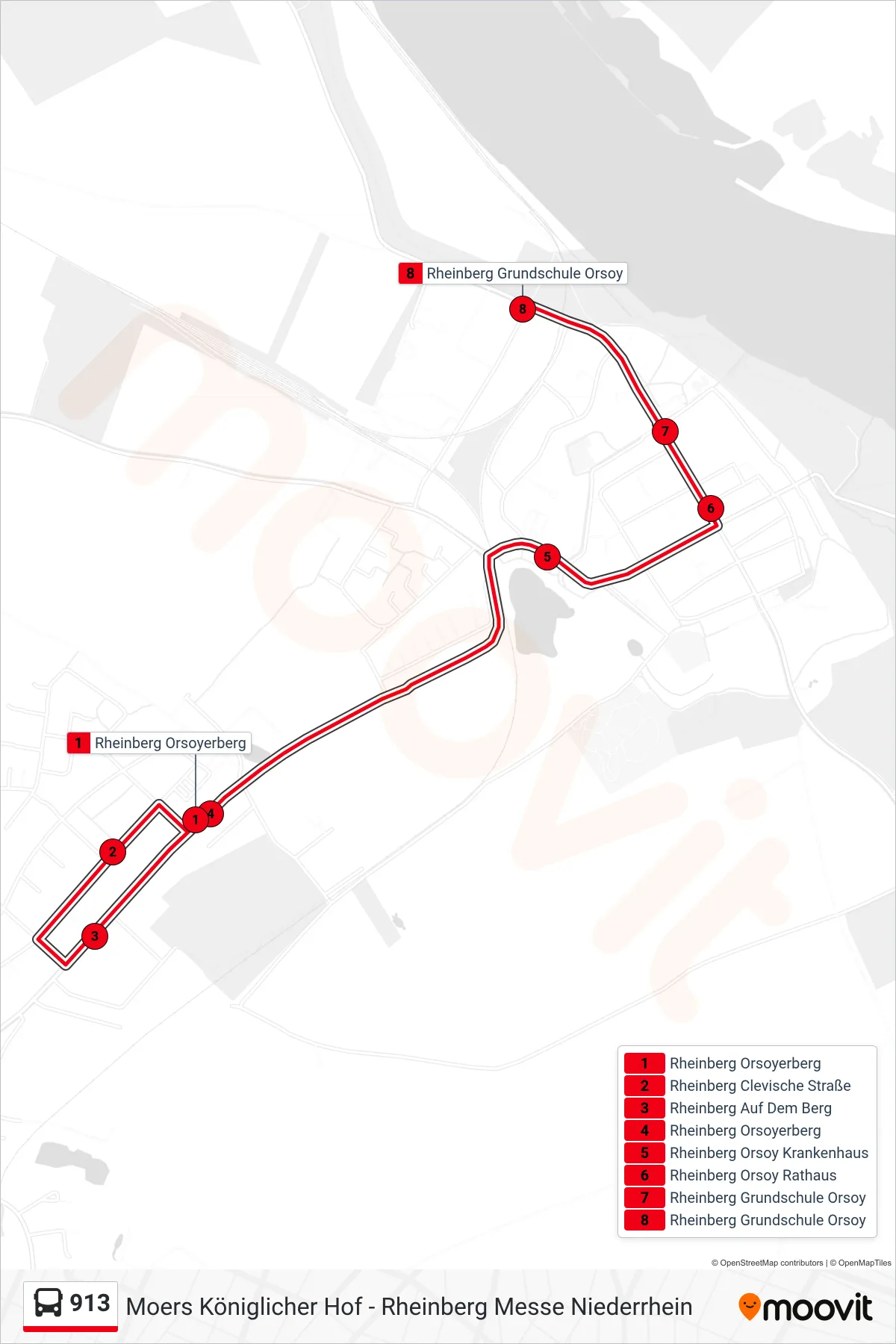 913 bus Line (Rheinberg Grundschule Orsoy) route and stops on a map