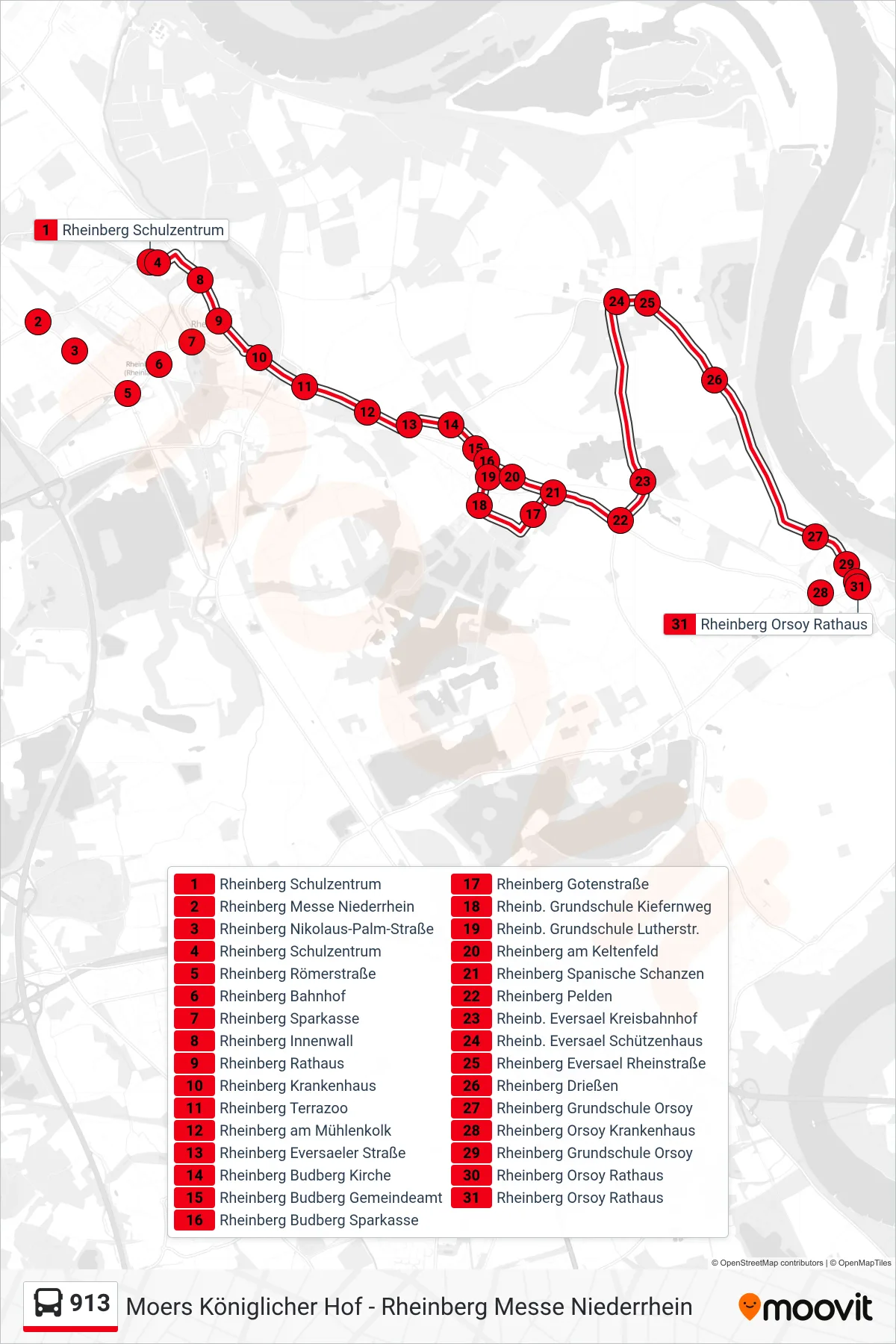913 bus Line (Rheinberg Orsoy Rathaus) route and stops on a map