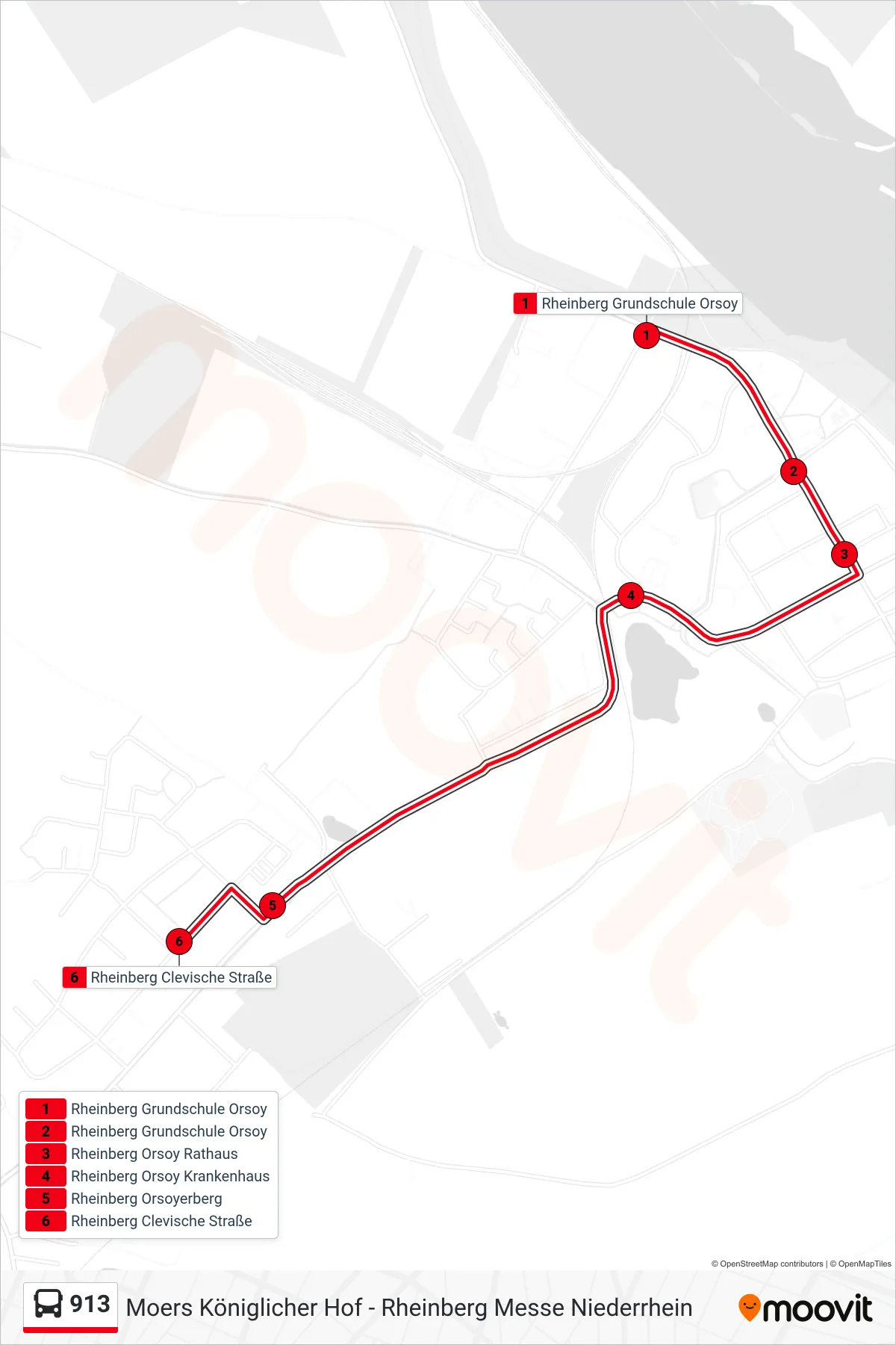 Linie 913 (Bus) Richtung Rheinberg Clevische Straße: Route und Haltestellen auf der Karte