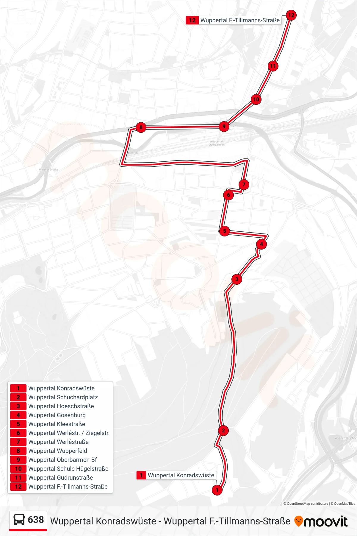 638 bus Line (Wuppertal F.-Tillmanns-Straße) route and stops on a map