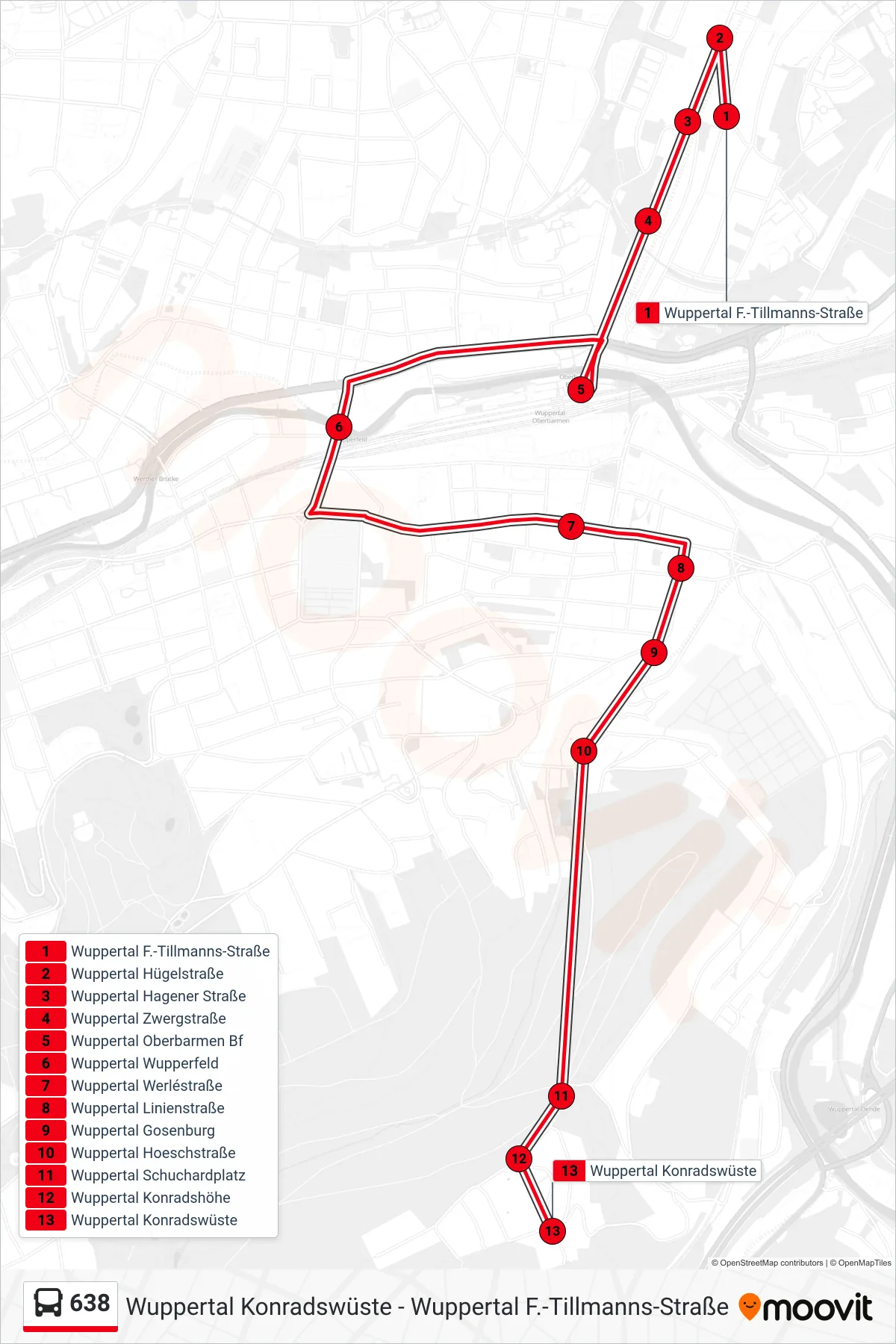 Linie 638 (Bus) Richtung Wuppertal Konradswüste: Route und Haltestellen auf der Karte